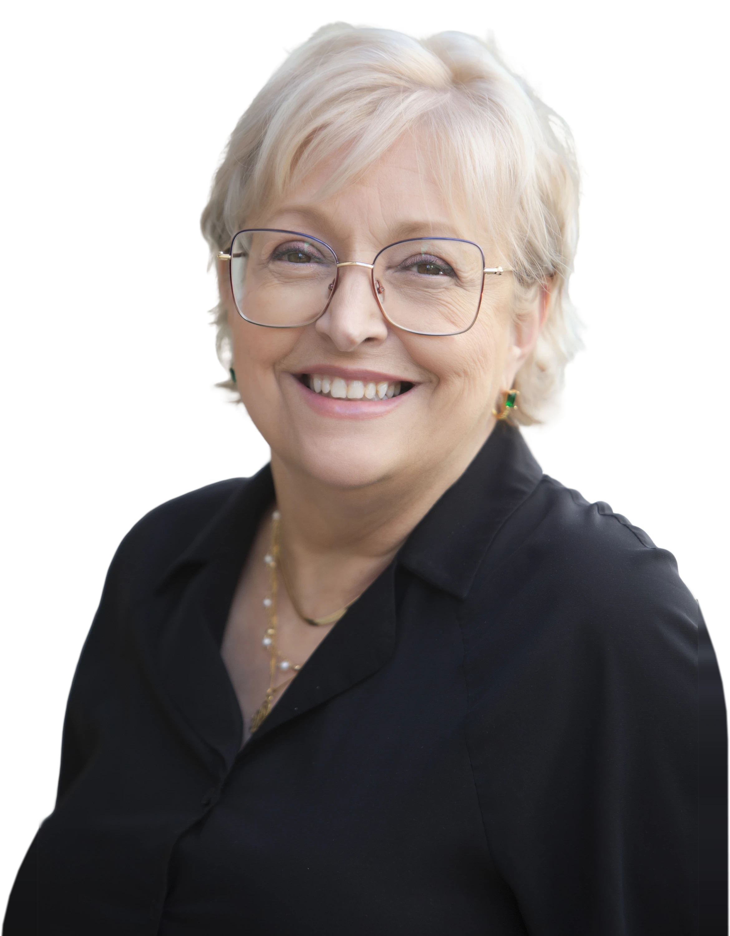 Christiane Constantineau, souriante, en chemisier noir et lunettes dorées