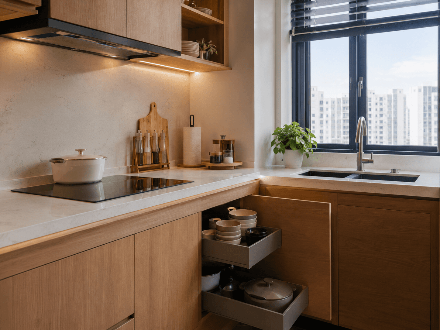 white wooden kitchen island and cupboard cabinets near glass panel door