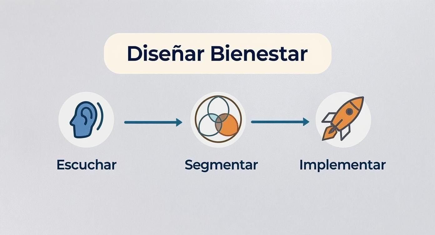 Infográfico mostrando un proceso de tres pasos para diseñar bienestar: Escuchar (ícono de oído), Segmentar (ícono de diagrama de Venn) e Implementar (ícono de cohete).