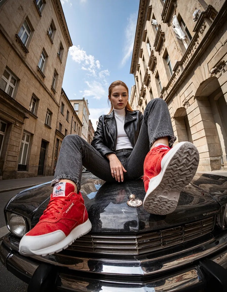 Street style fashion photograph featuring bright red sneakers against black car hood, with historic European architecture in background