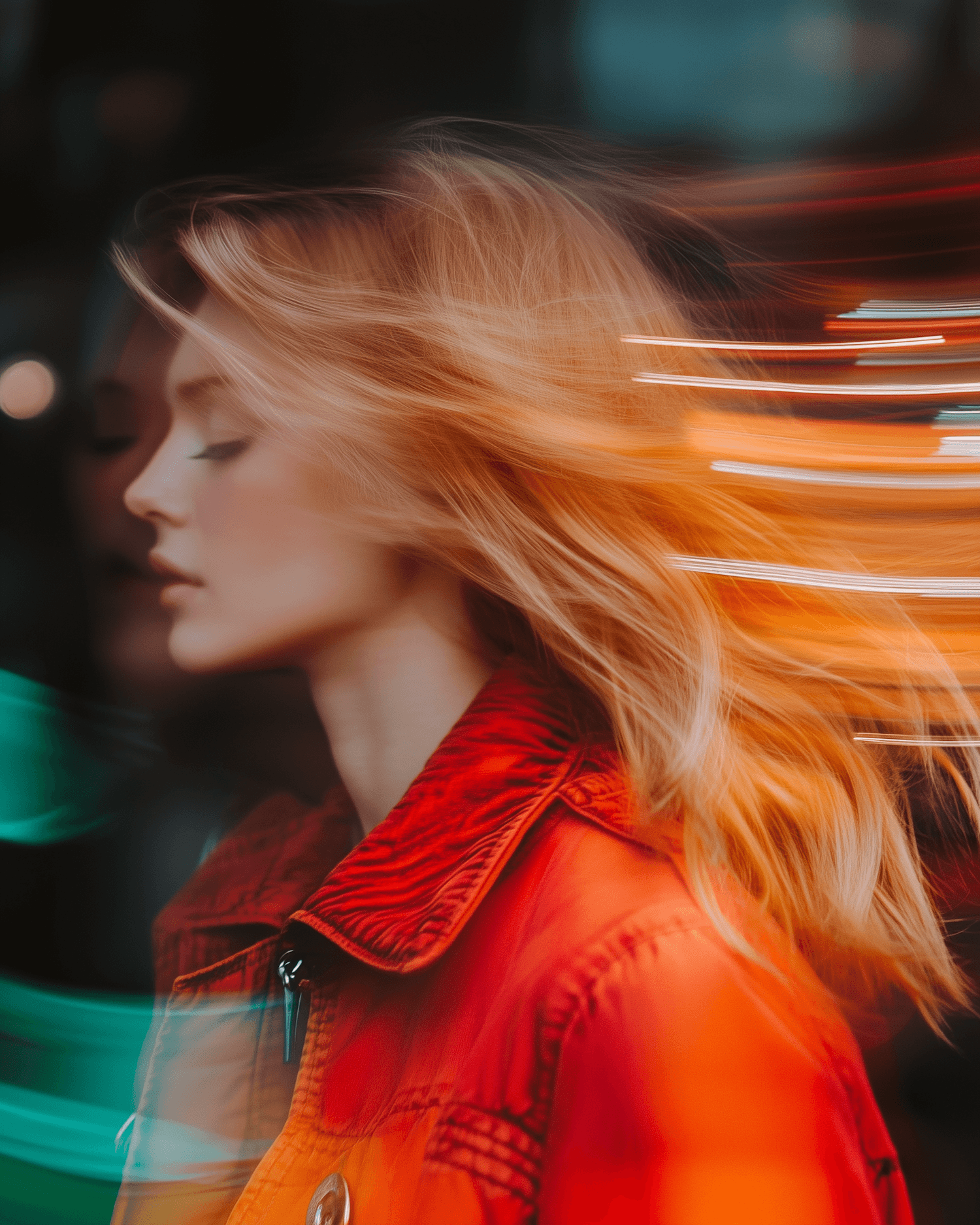 A serene woman in a red jacket with flowing blonde hair, surrounded by dynamic light streaks in orange and green.