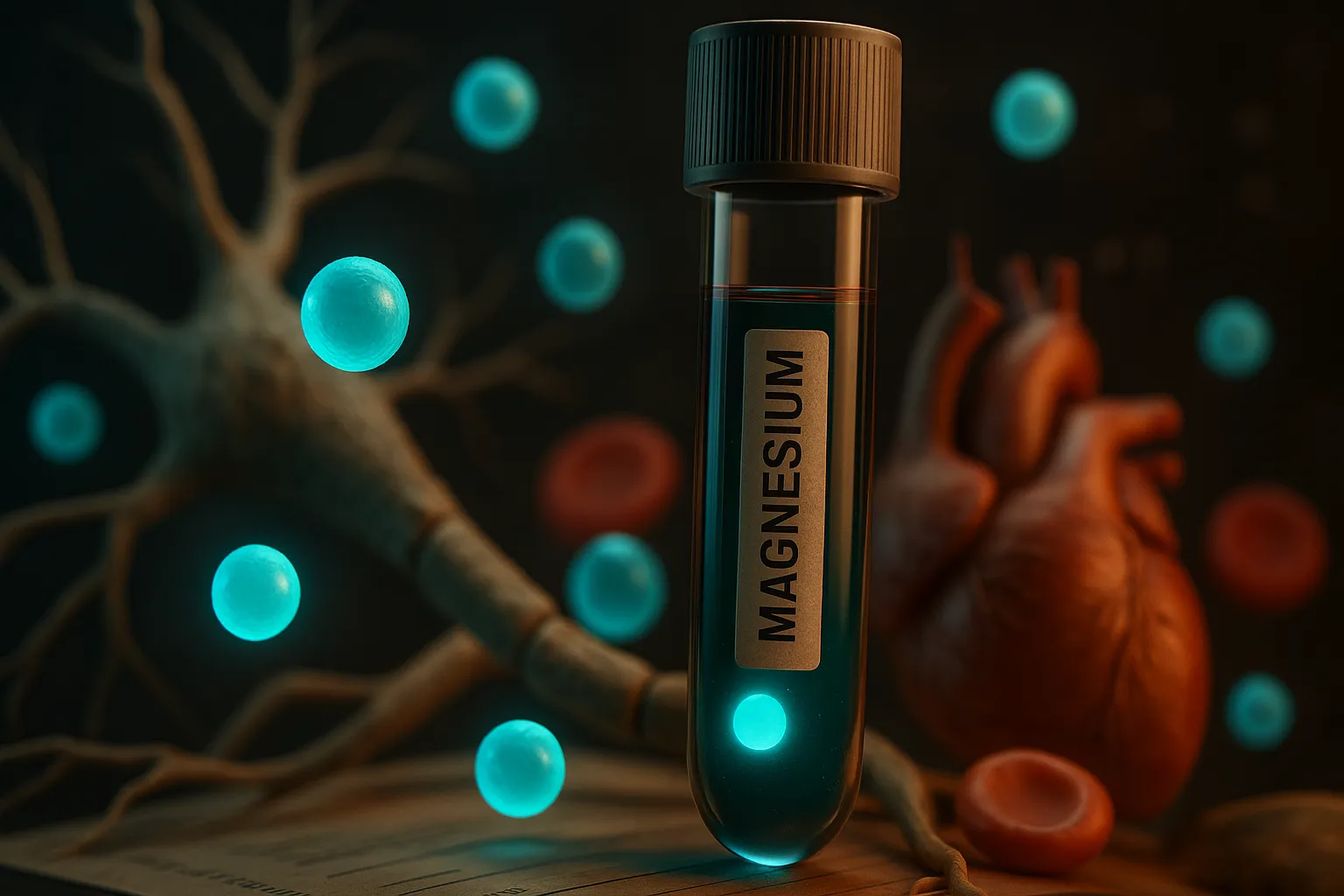 Blood tube labeled magnesium with glowing turquoise ions near a neuron and heart.