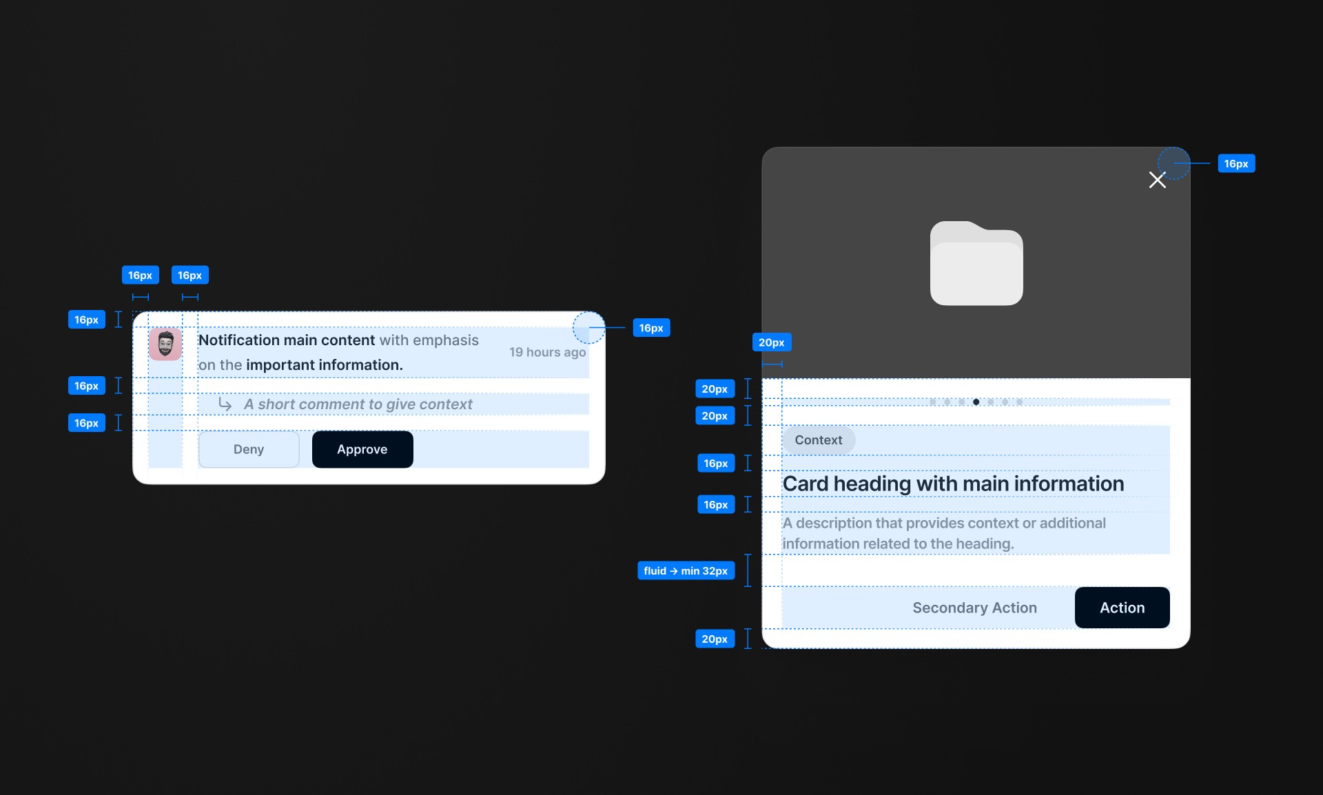 Notification and card components with dimensions and spacing.