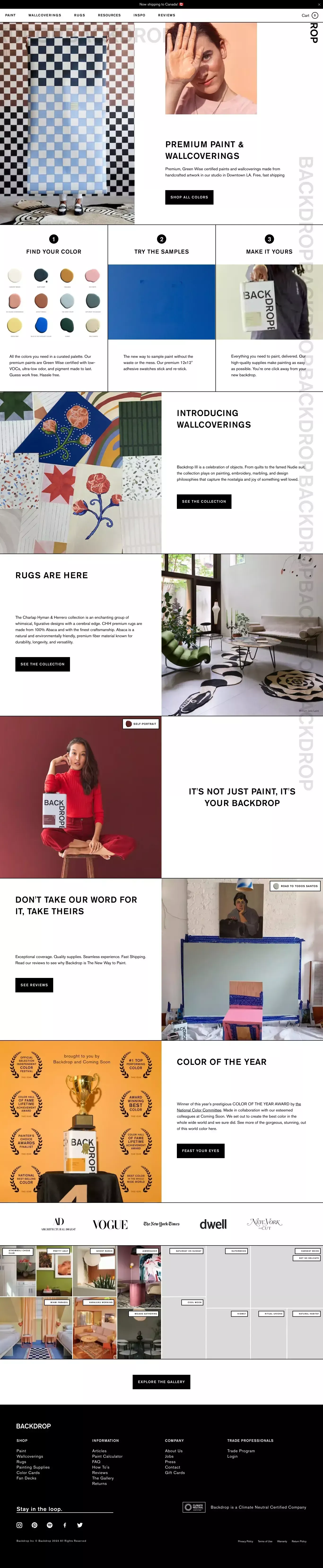 Backdrop: Online Paint Store - The New W ecommerce page screenshot showcasing Design and Furniture & Interiors design