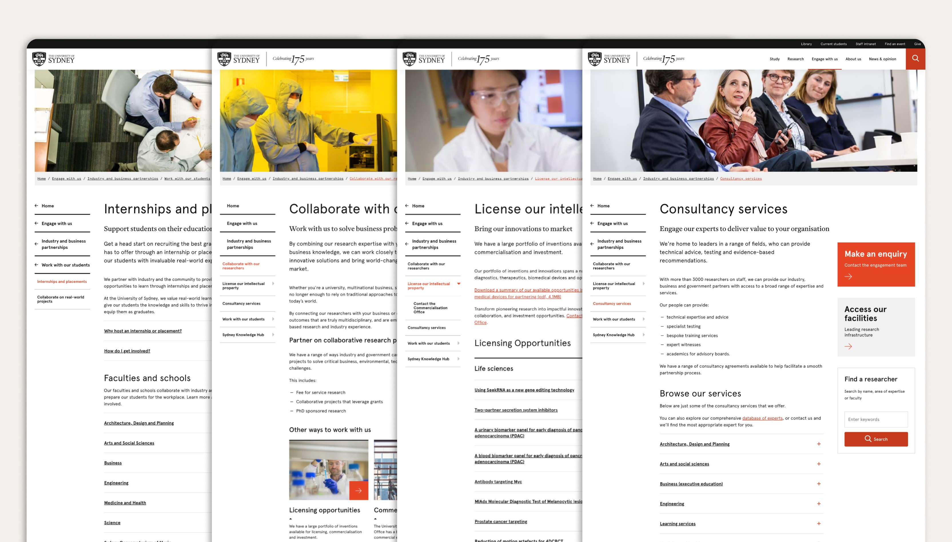 Screenshots of various pages within the Industry section of the website.