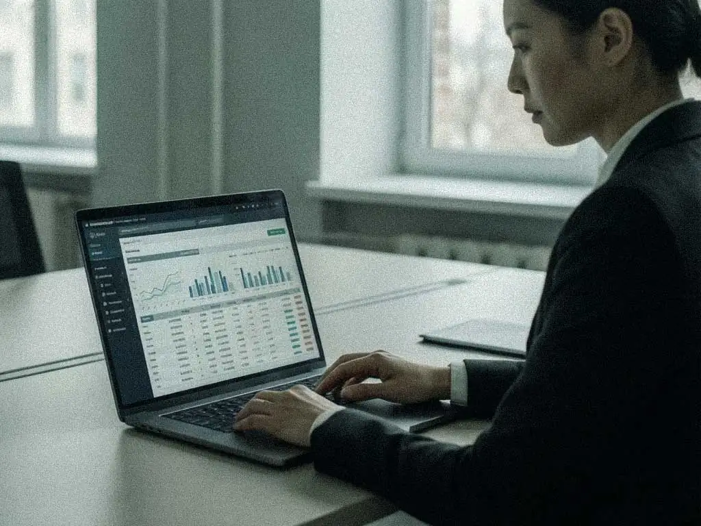 Business professional reviewing tax information on a laptop.
