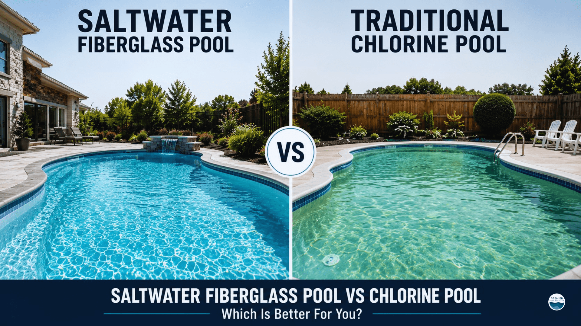 Saltwater fiberglass pool compared with traditional chlorine pool in residential backyard