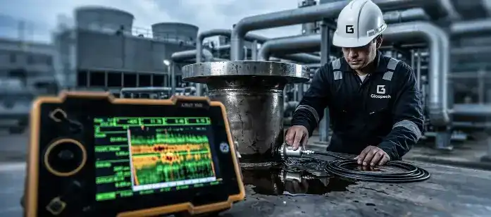 Glospech technician performing phased array ultrasonic testing on pressure vessel nozzle weld with PAUT S-scan display, industrial plant Gauteng