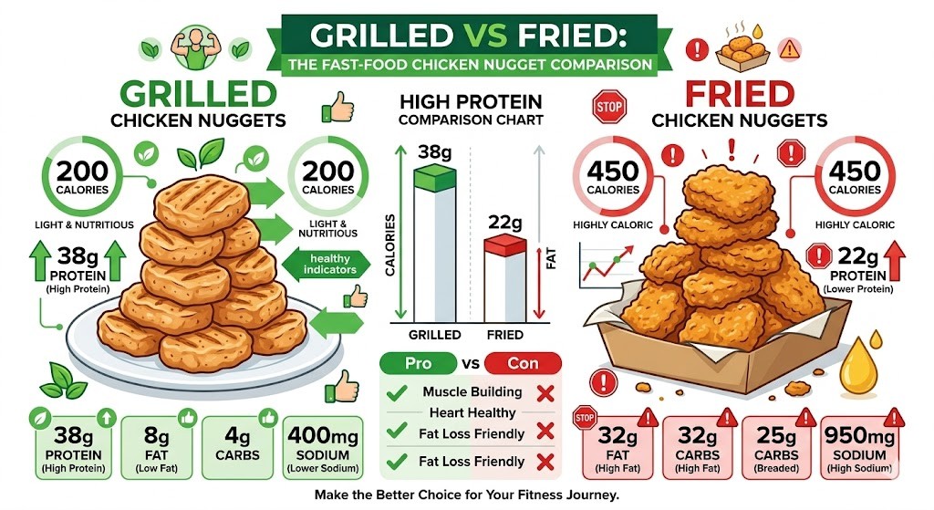 A nutritional infographic comparing fast-food grilled chicken nuggets vs. fried chicken nuggets. The grilled nuggets show 200 calories and 38g of protein, while the fried nuggets show 450 calories and 22g of protein, highlighting the healthier option for fitness.