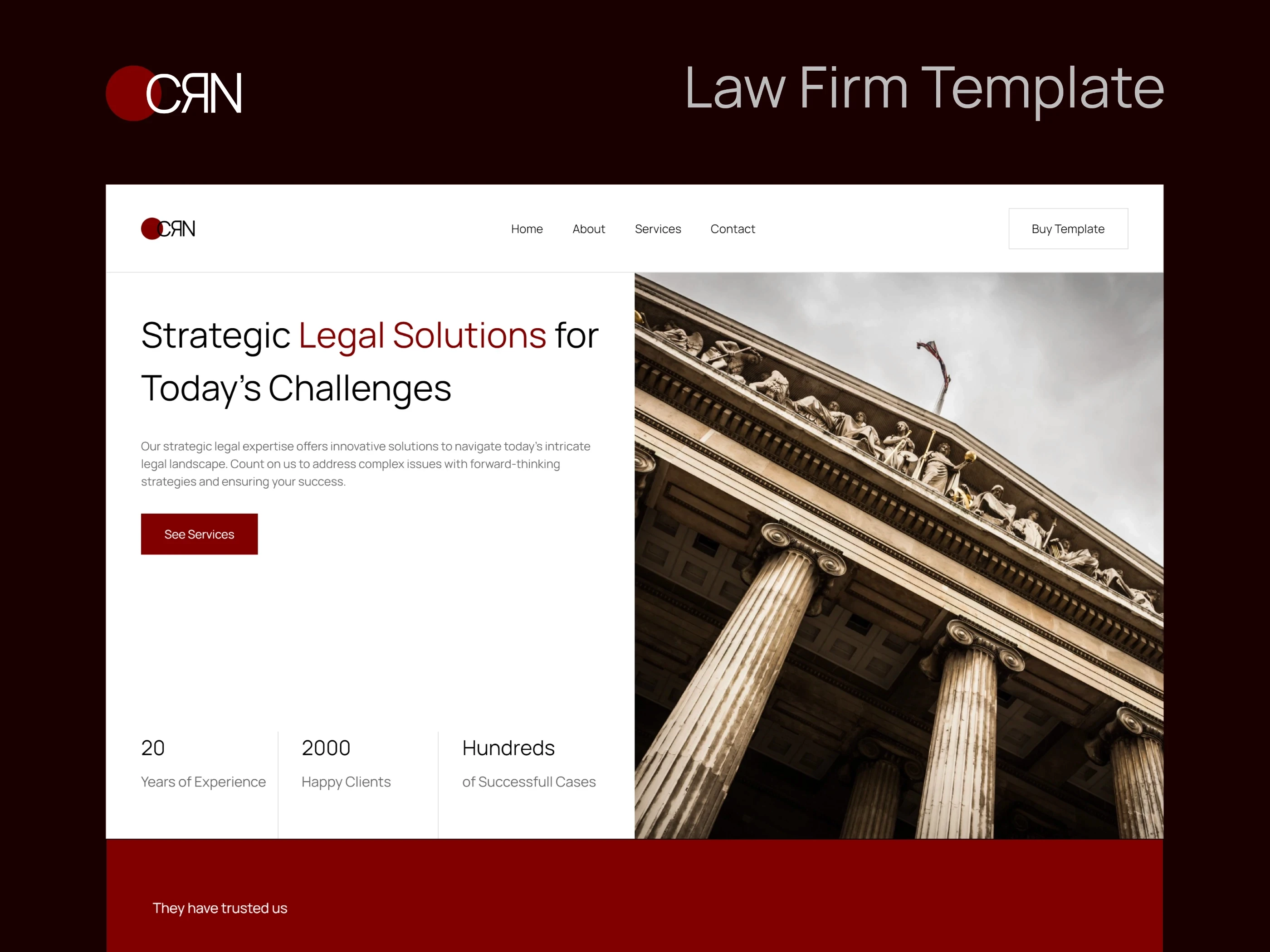 CRN legal services law firm template with courthouse hero image, experience stats, red CTA button, and client trust section.