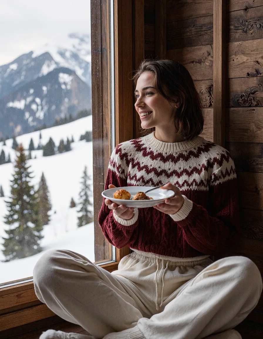 Woman in festive sweater holding cookies by snowy mountain window in cozy alpine setting