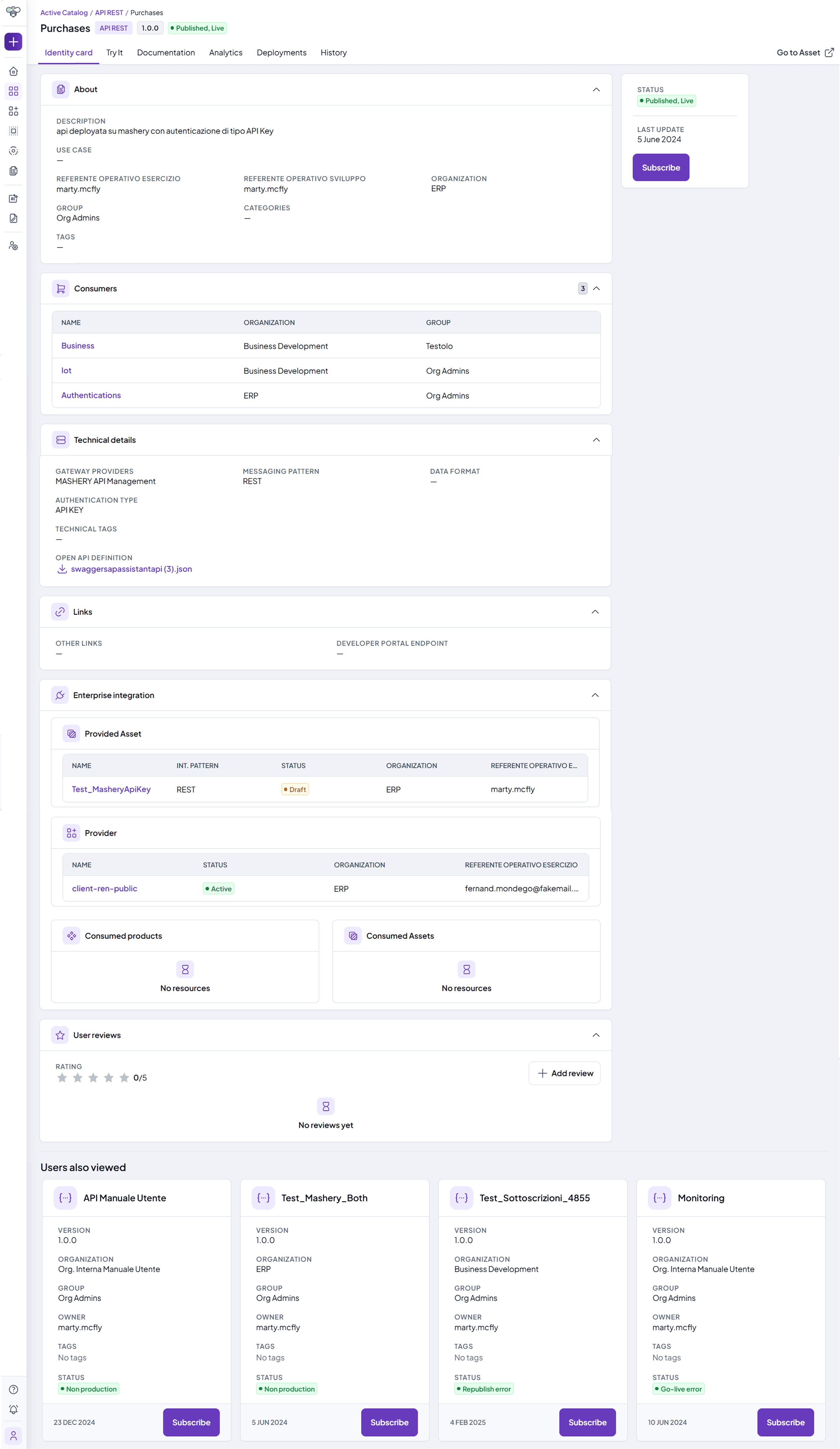 Digital product detail page with the about, consumers, technical details and enterprise integration sections