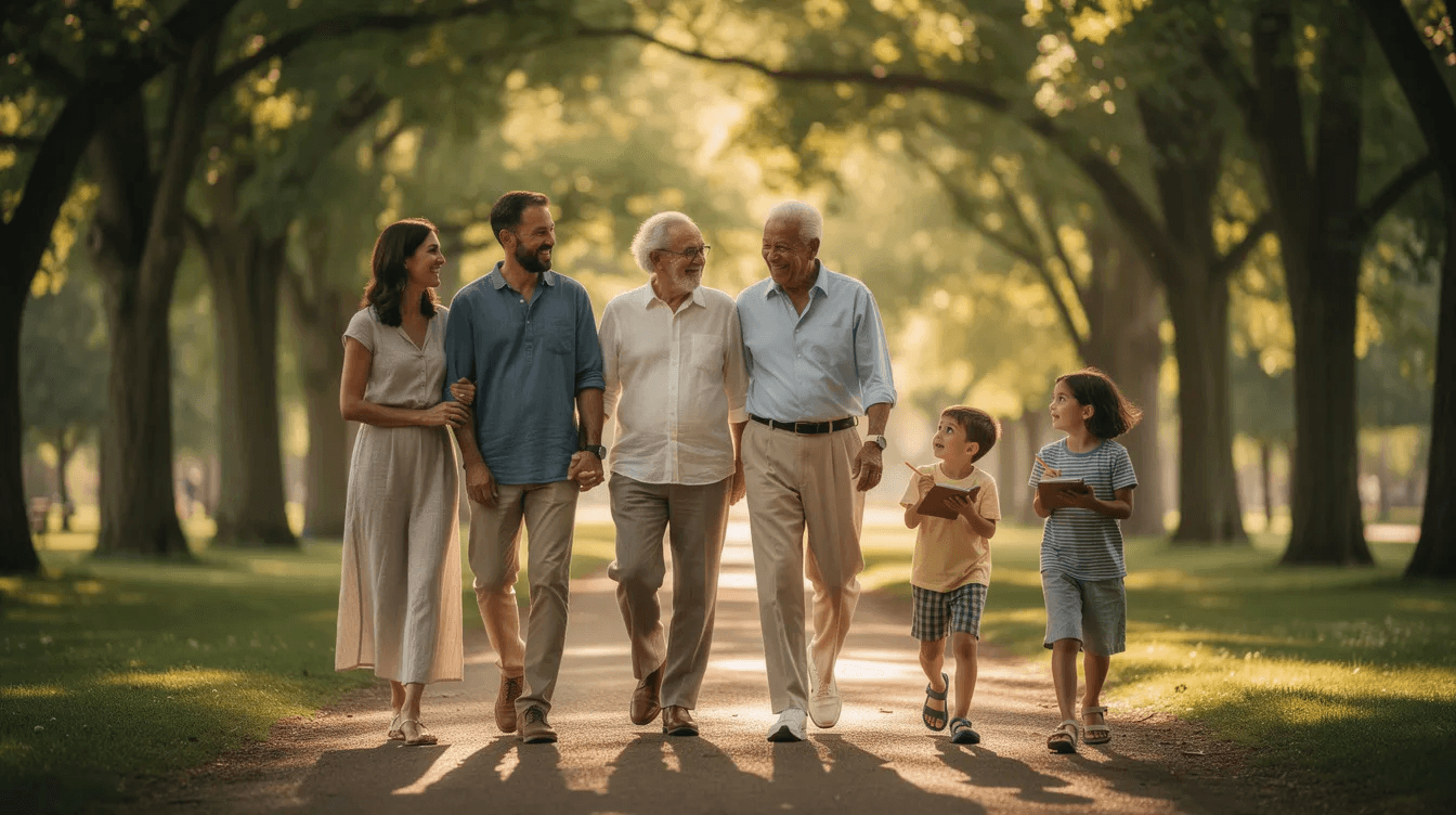 A family strolls hand-in-hand along a scenic, tree-lined path, symbolizing the journey of achieving long-term investment objectives and the importance of building a generational legacy through a well-crafted investment policy statement. This image evokes the essence of planning for the future, highlighting the significance of an investment strategy that aligns with their risk tolerance and time horizon.