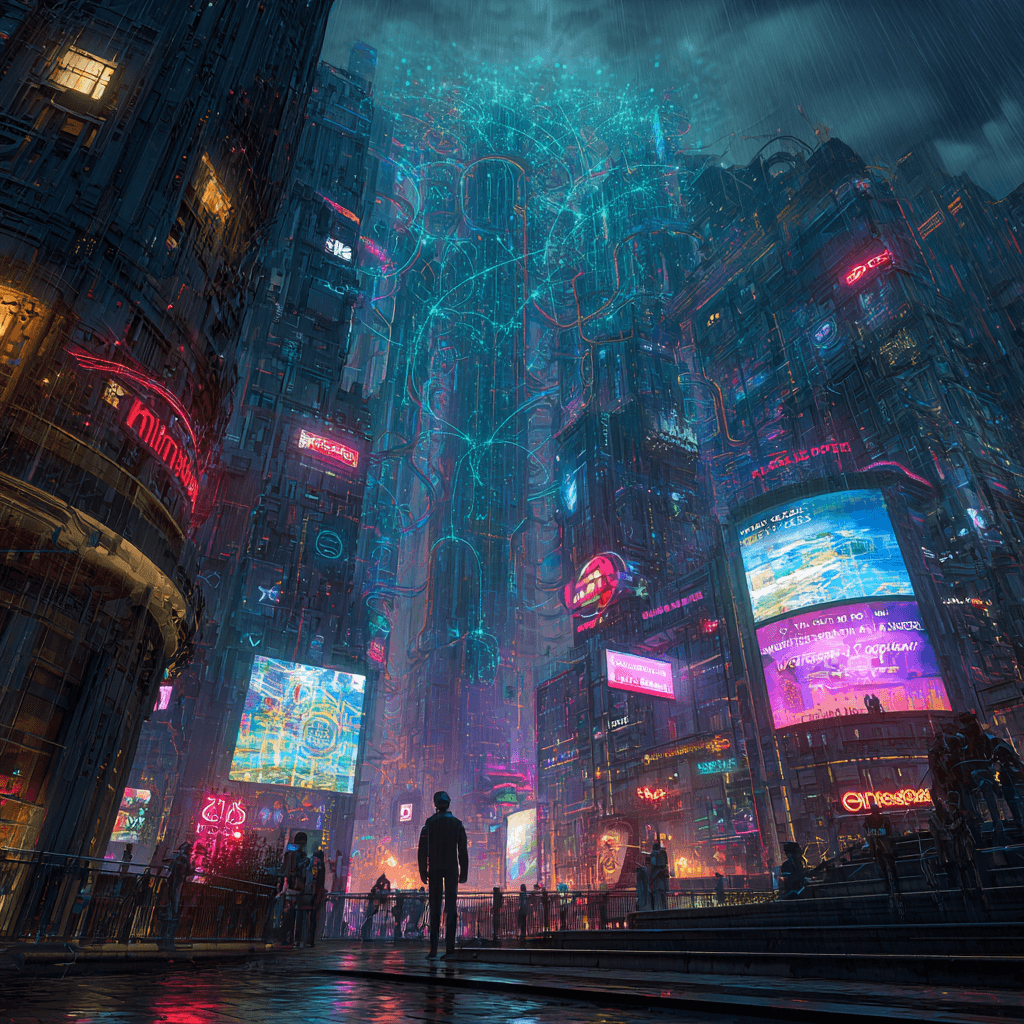 A hyper-detailed, cinematic digital painting of a futuristic cityscape where colossal AI neural networks loom like living architecture, their synaptic tendrils weaving through glass skyscrapers and holographic brand billboards. In the foreground, a human figure stands on a platform — half real, half digitized — their body dissolving into data streams, eyes wide in awe and uncertainty. Surrounding them, brands are being reassembled in mid-air by invisible algorithmic forces, shown as glowing lattices of logos and influence particles. The atmosphere is electric — synthetic rain falling in streaks of neon red, violet, and icy cyan. Moody lighting, Blade Runner-meets-metaphysical aesthetic, high emotional weight. Symbolic undertones of power shift, decentralization, and identity crisis. Aspect ratio 16:9, ultra-realistic with surreal elements — no cartoon styling.