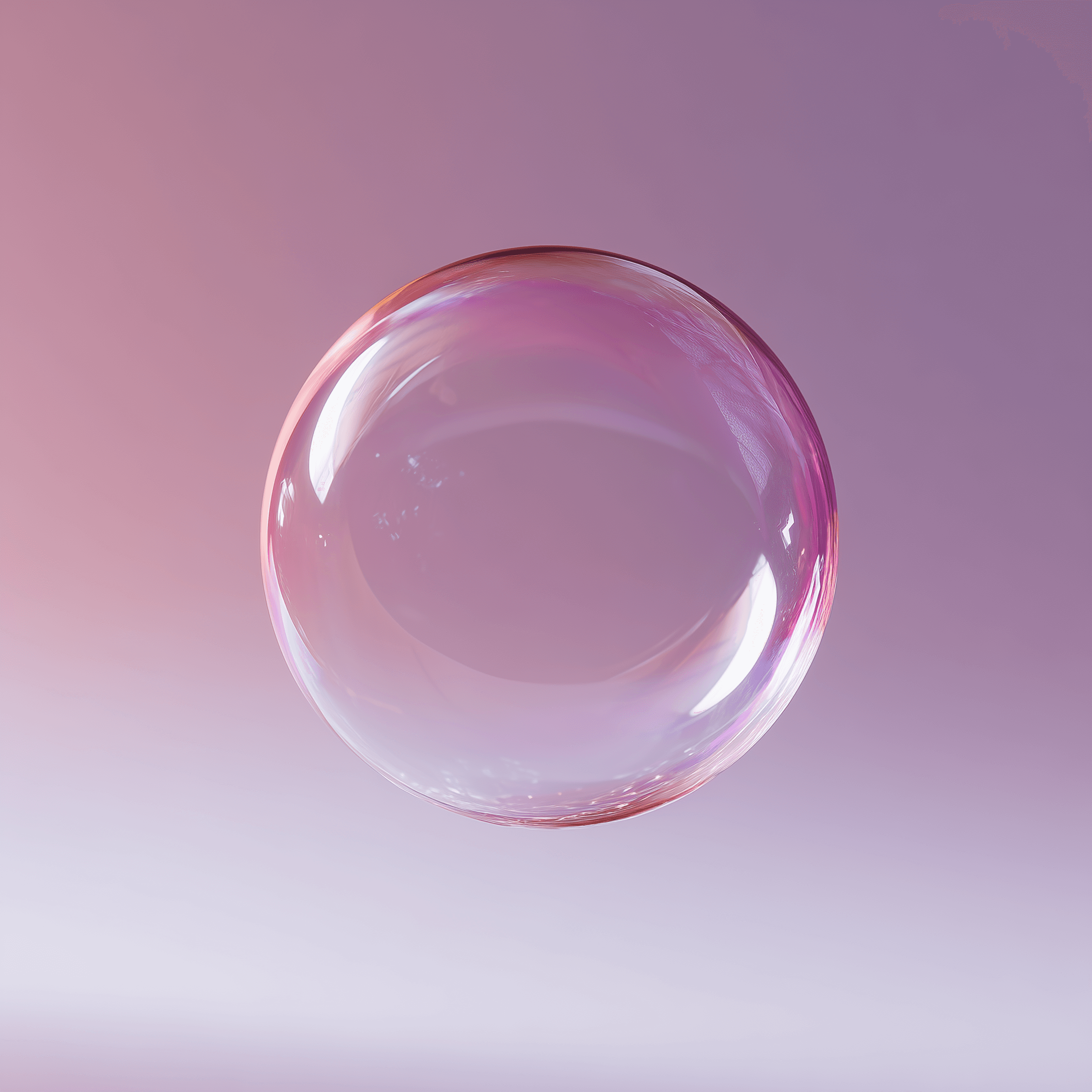 A single translucent bubble reflects light with a pink hue, floating against a soft, purple gradient background, conveying a serene and delicate feel.