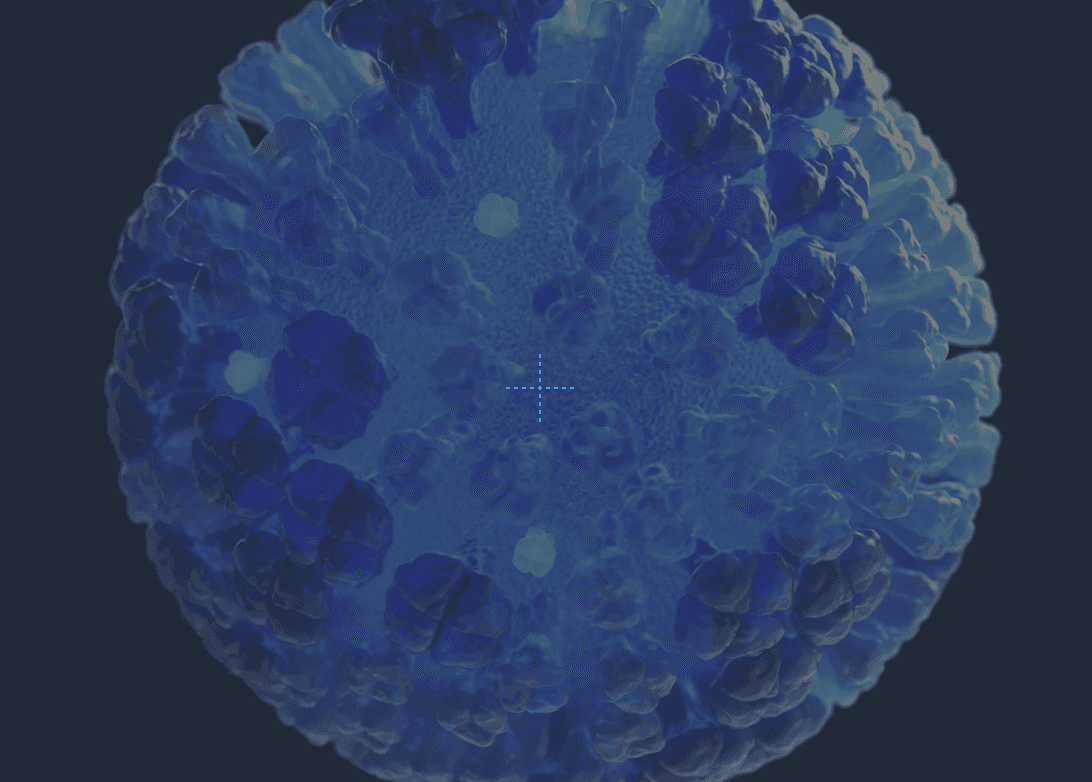 Close-up of a blue microscopic structure resembling a virus with detailed surface textures.