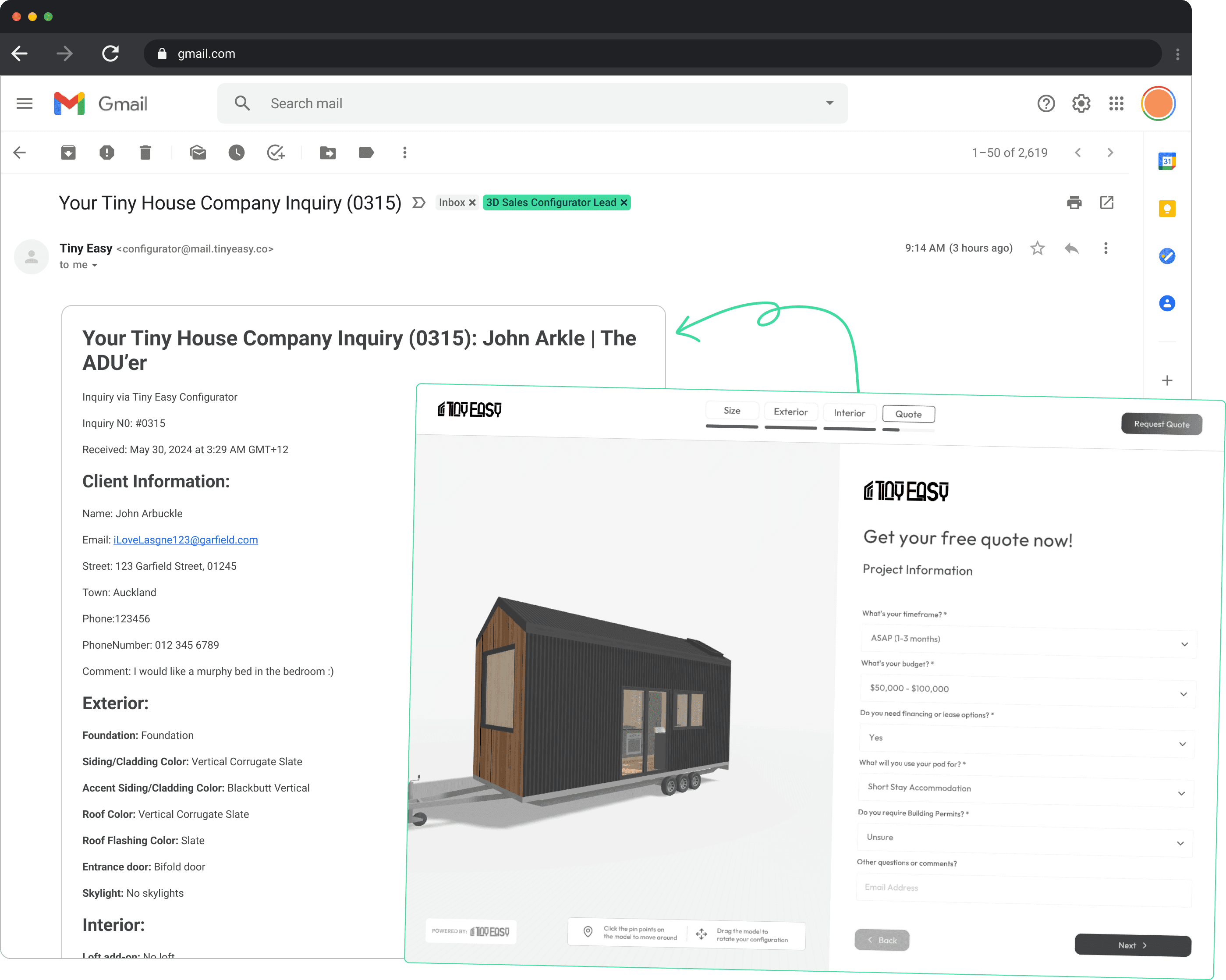 An image that shows a comparison between an email correspondence about tiny home inquiries vs. what a 3D sales configurator can do.