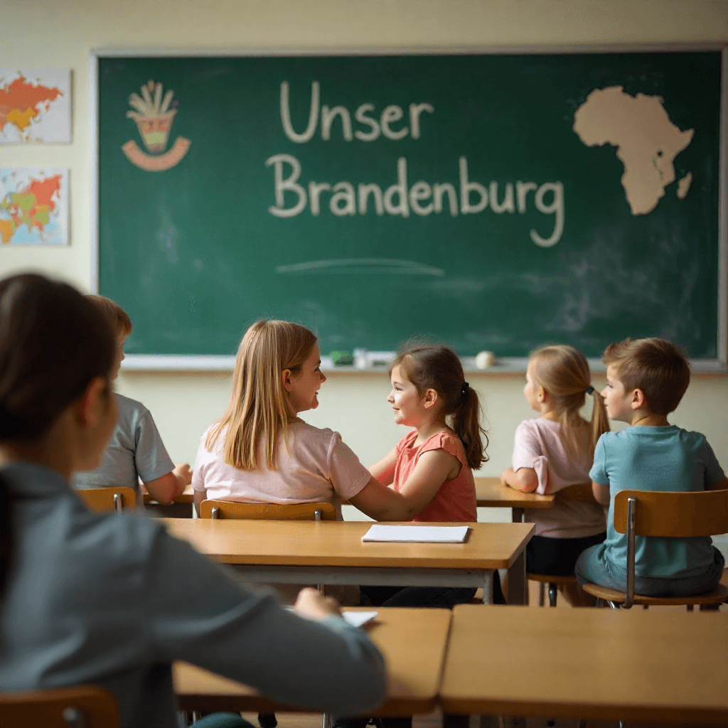 Schulbegleiterin mit Kind auf dem Schulhof einer Grundschule im Havelland