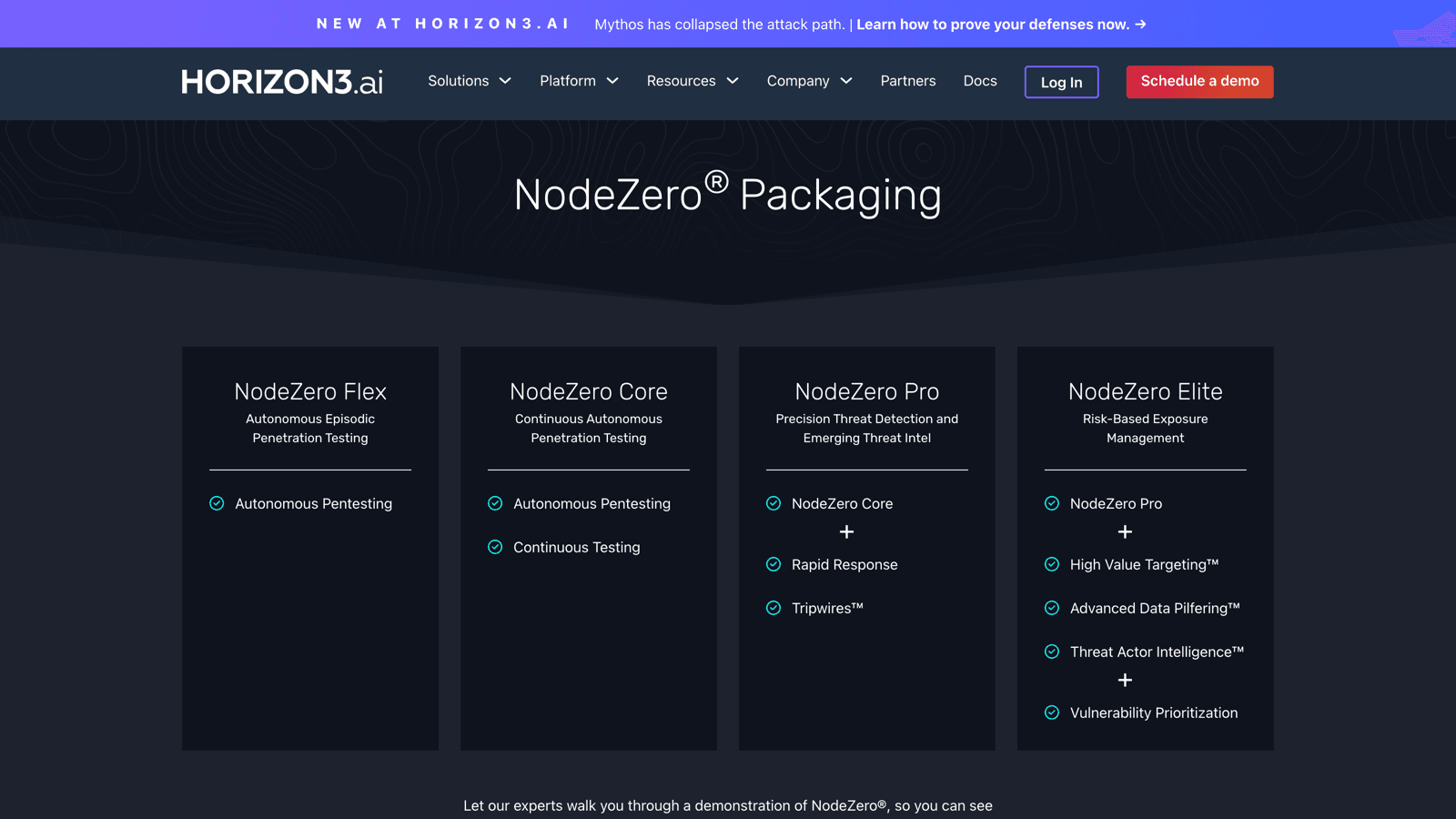 NodeZero packaging page showing the Flex, Core, Pro, and Elite tiers as a capability comparison matrix with no prices and a request-a-demo call to action