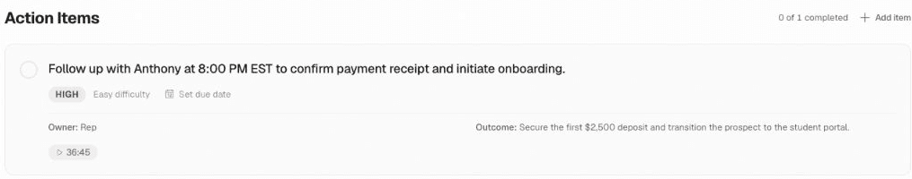 Kendo call analysis action items panel listing a follow-up task with its owner, outcome and timestamp.