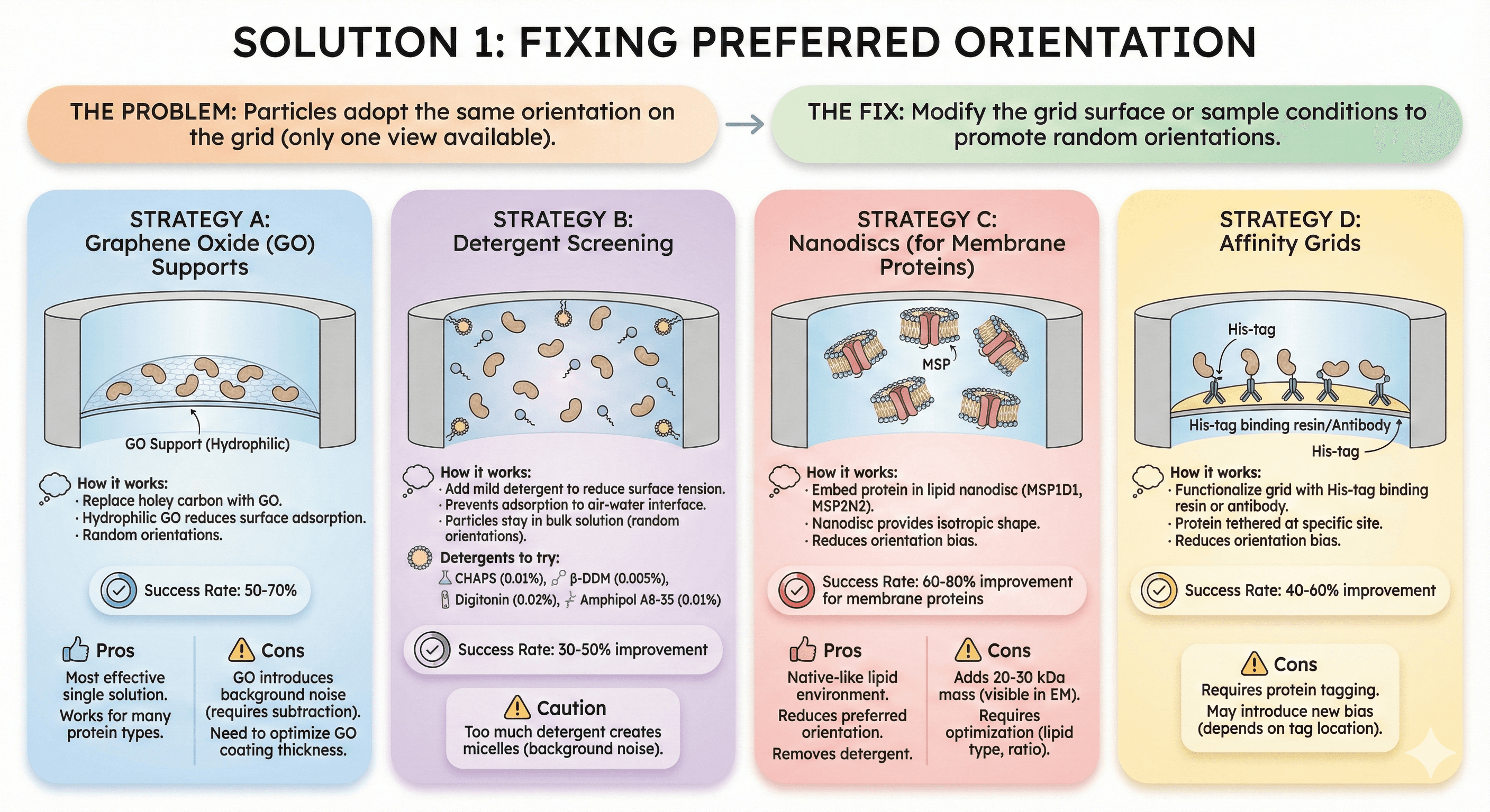 Diagram Explaining How to Fix Preferred Orientation for Cryo-EM Sample Prep