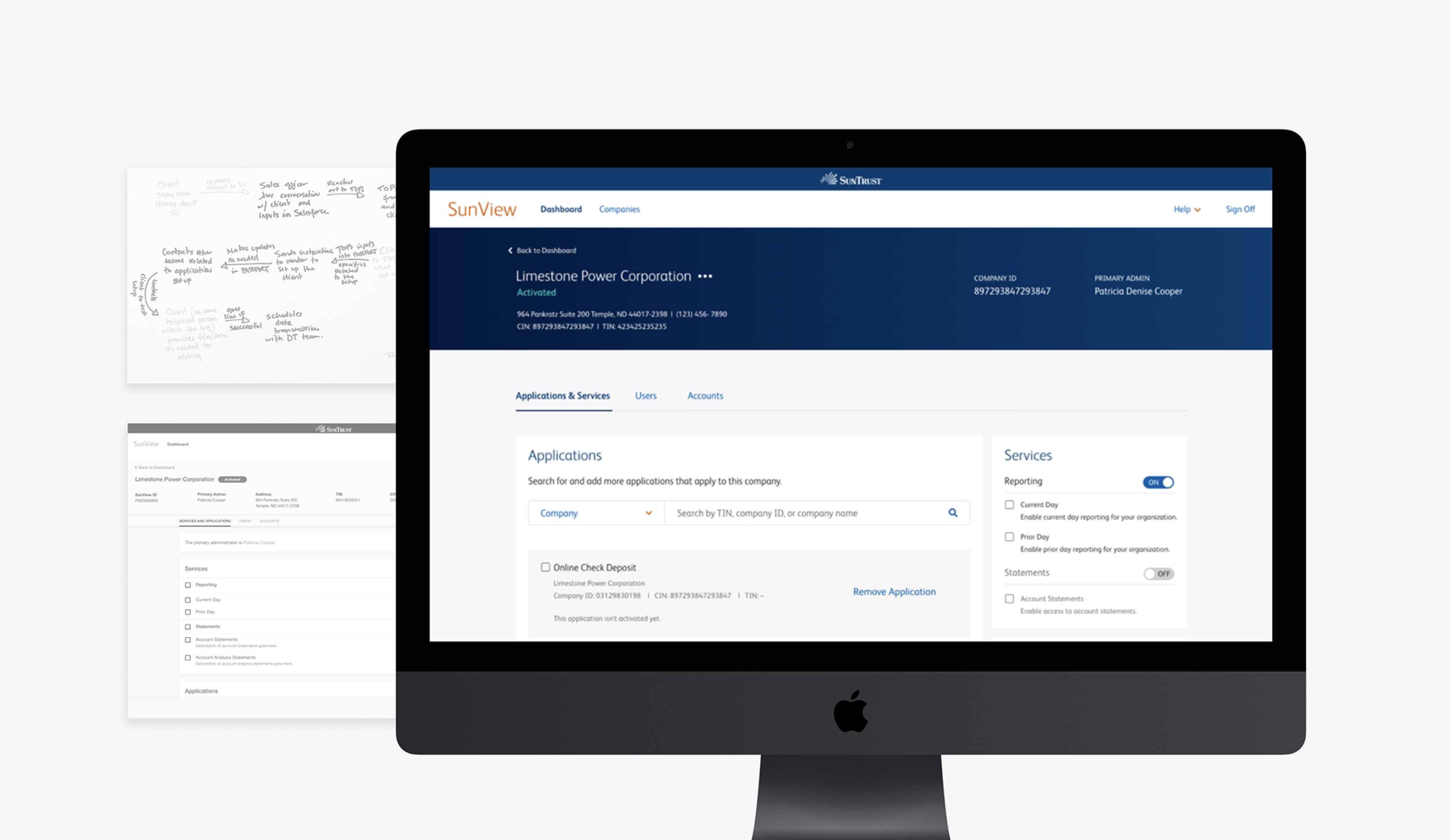 A mockup of the commerial banking migration dashboard. On the left are two images representing an early sketch and wireframe.