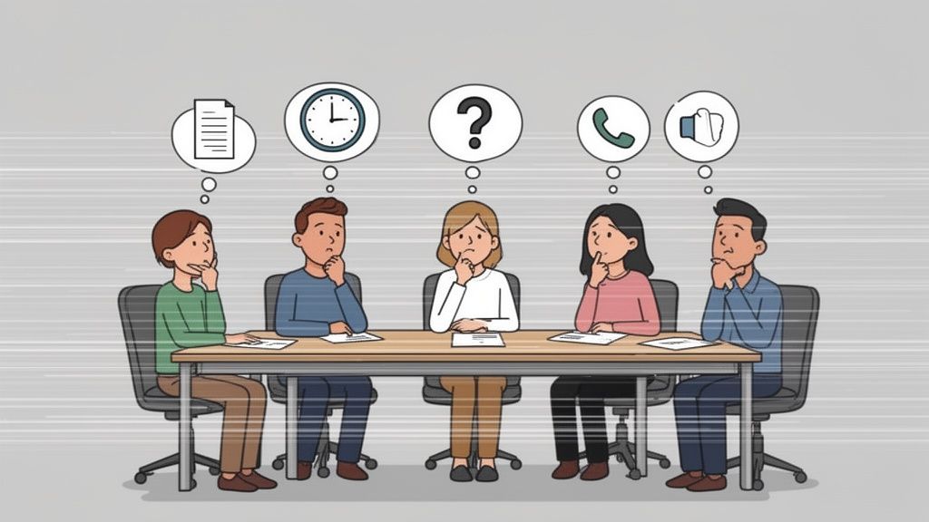 Five diverse people in a meeting, each with a thought bubble above their head.