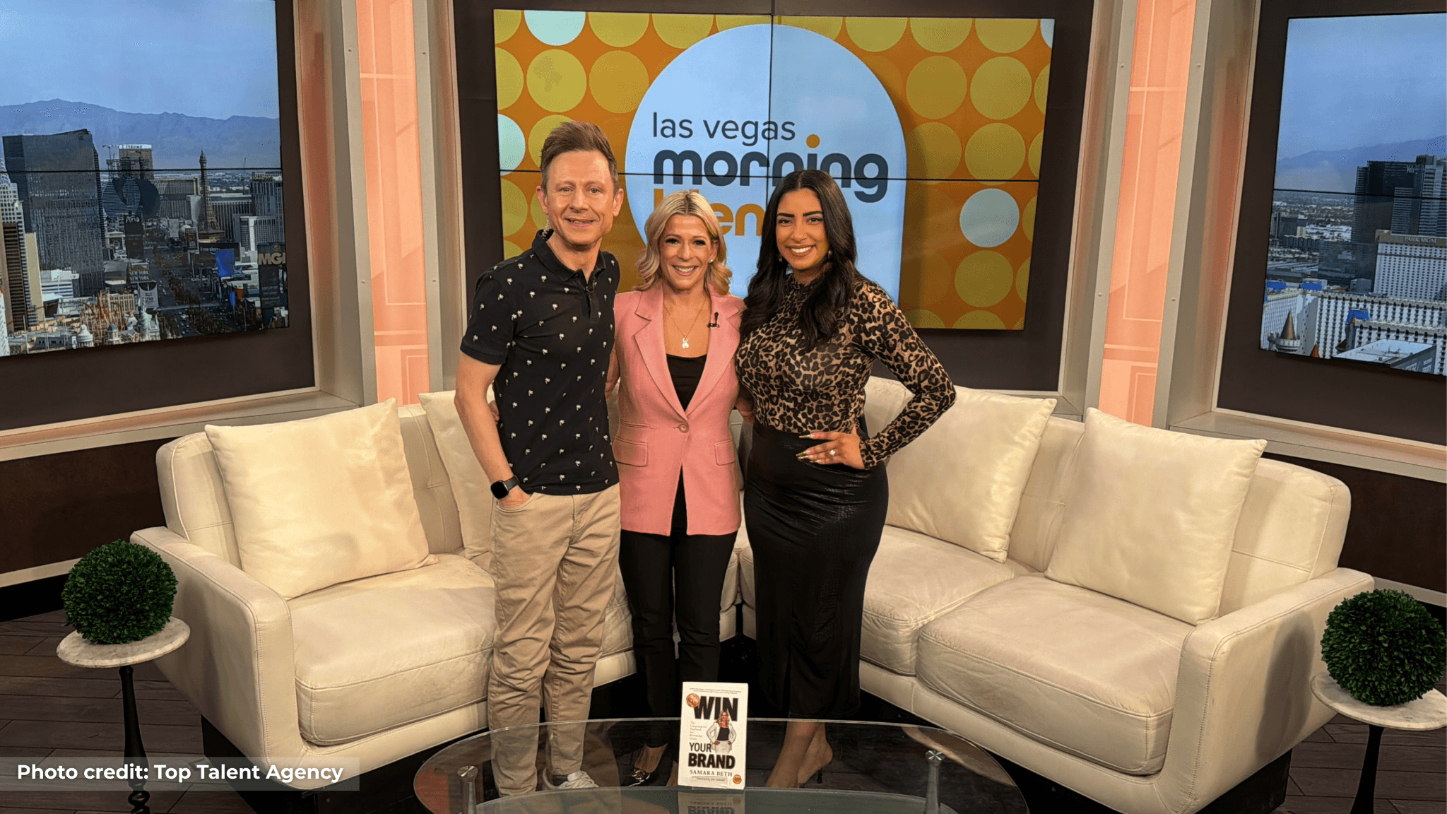 Three presenters with Samara Beth on the Las Vegas Morning Blend set promoting WIN YOUR BRAND.