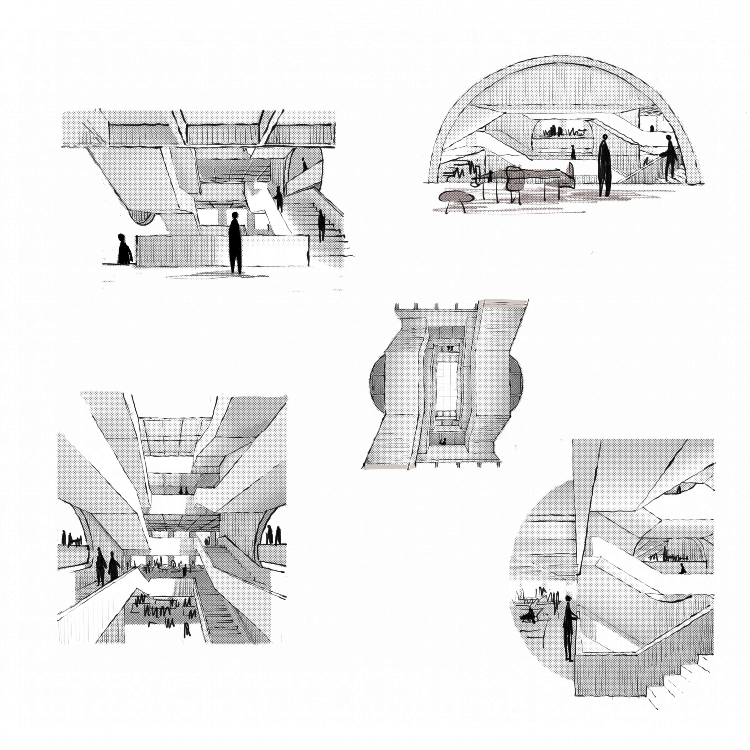 Illustrations of architectural designs, showcasing different structures and layouts in a minimalist style.