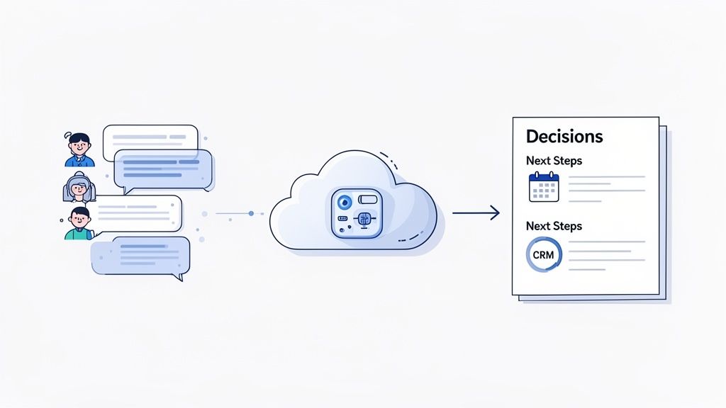 Illustration showing people's chat bubbles processed through a cloud to generate actionable decisions and next steps.