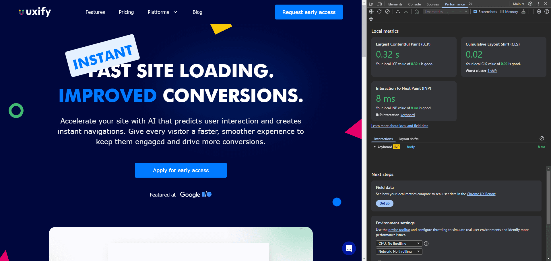 Performance panel for uxify.com