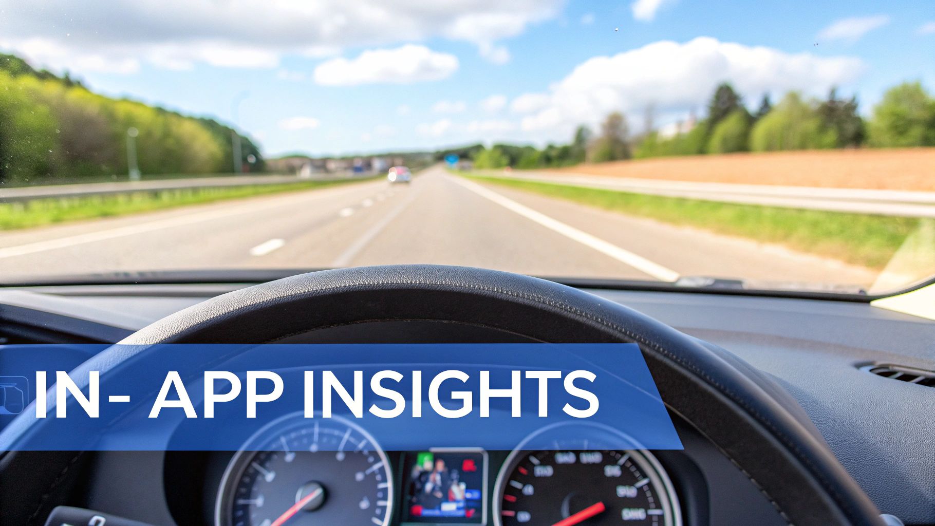 View from inside a car on a highway, with the steering wheel and a blue banner saying 'IN-APP INSIGHTS'.