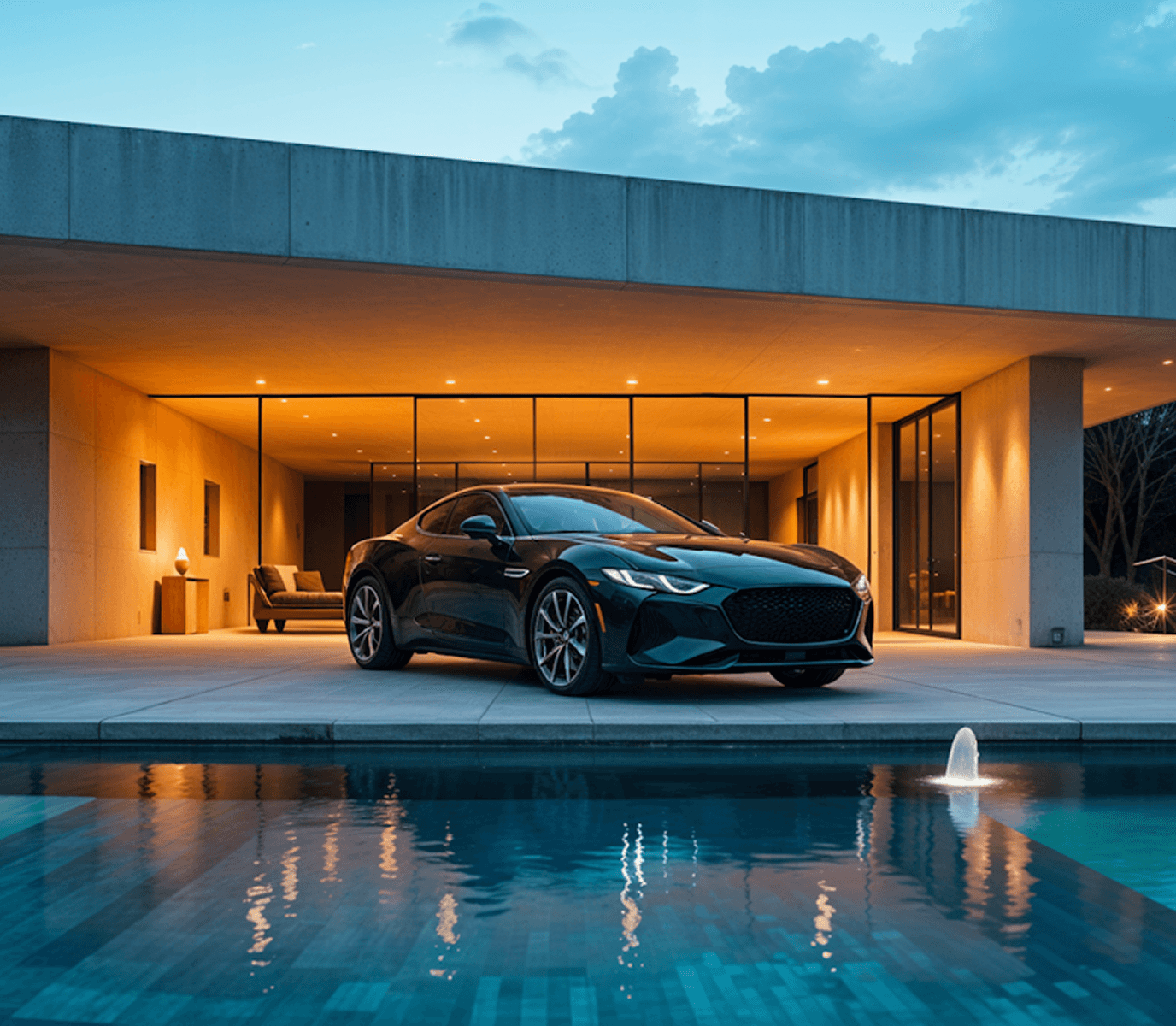 Luxury modern home with sports car parked beside illuminated pool