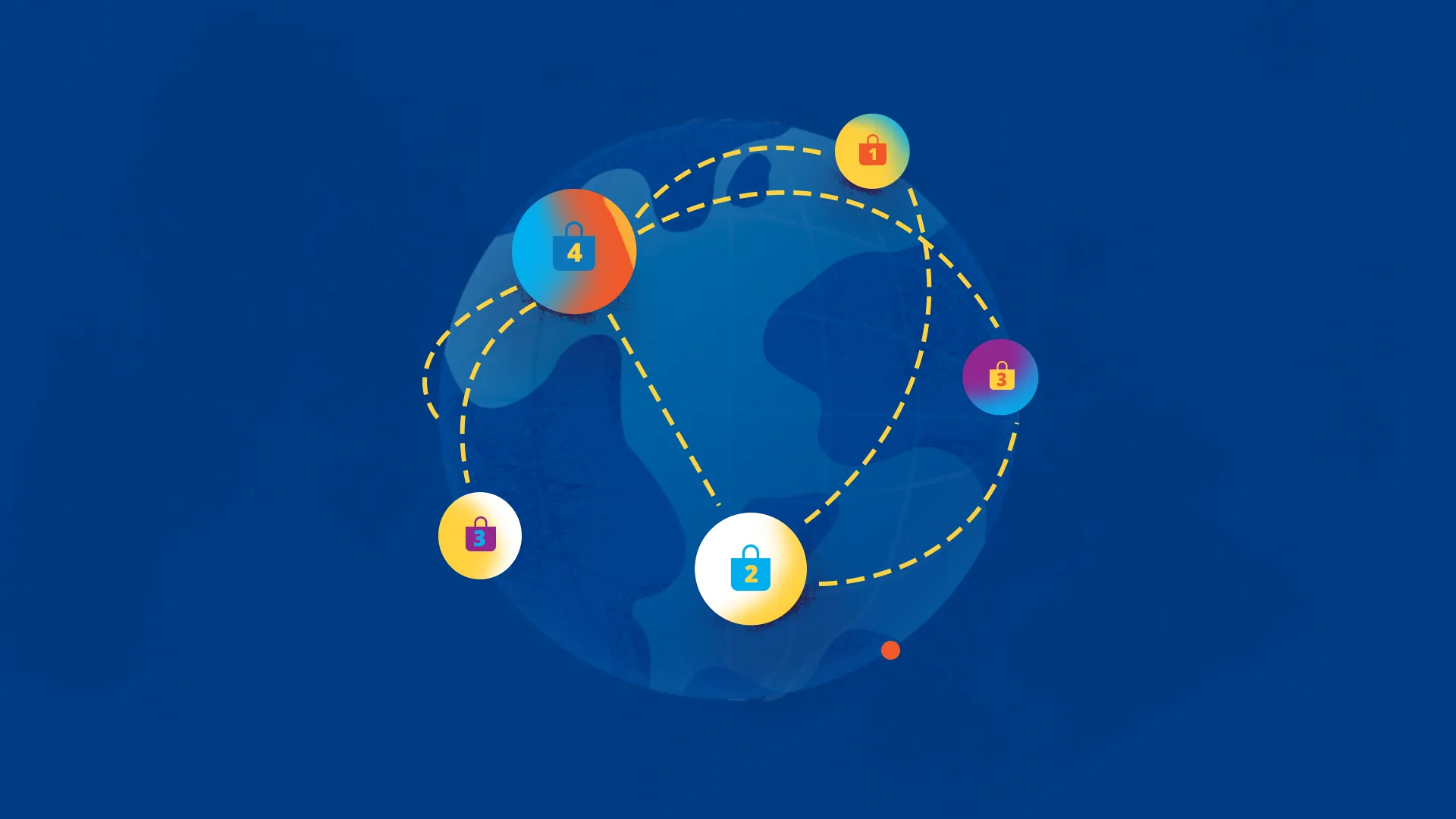 Stylized globe with dotted travel paths connecting circular icons, each containing a padlock symbol and a number.