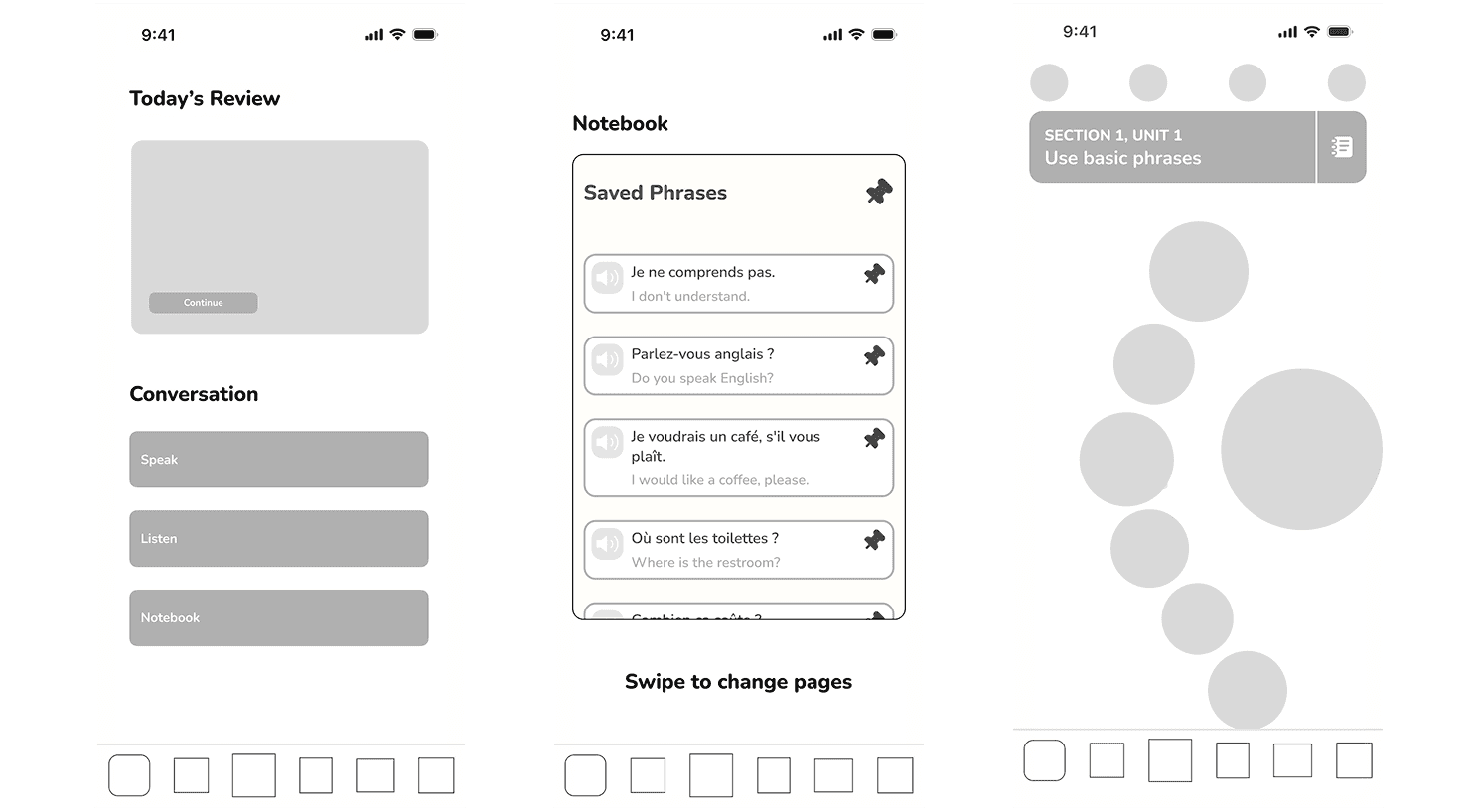 Low-fidelity wireframes for DuoChat showing early explorations of the conversation interface, scenario selection, and phrasebook screens