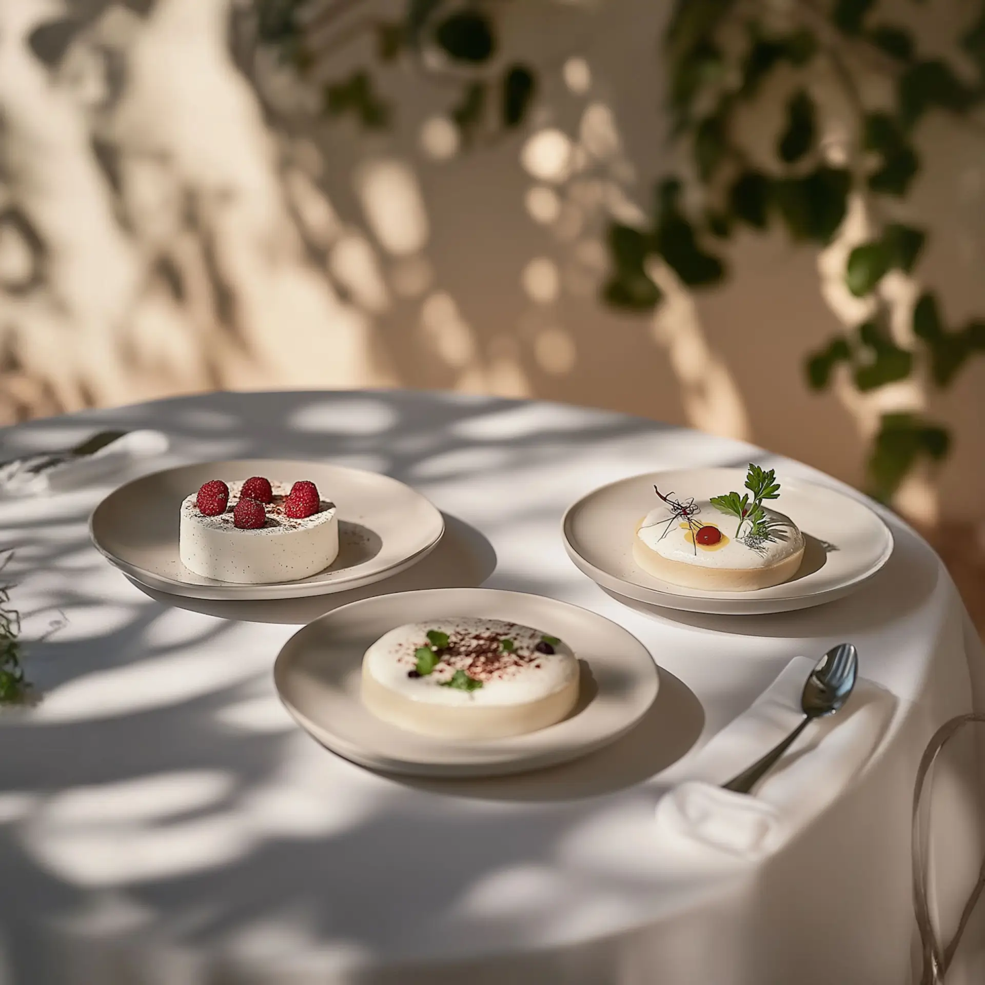 A table set with elegant plated desserts, garnished with raspberries and herbs.