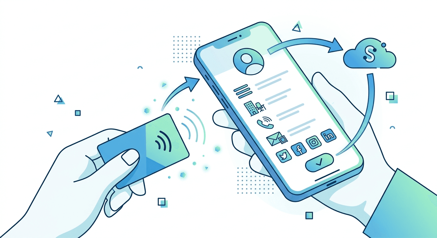 Sales representative using Habsy to scan an NFC business card at a trade show, instantly capturing contact details, conversation context, and CRM-ready lead information.