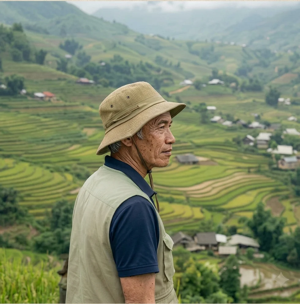 Man wearing a sun hat overlooking green terraced hills