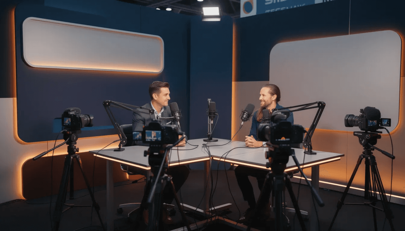L'image présente un espace de podcast professionnel, équipé de microphones et de caméras, baigné dans un éclairage ambiant aux nuances de bleu profond et d'orange vif. Cet environnement convivial est idéal pour la production audiovisuelle et la captation d'interviews lors d'événements d'entreprise et de salons professionnels.