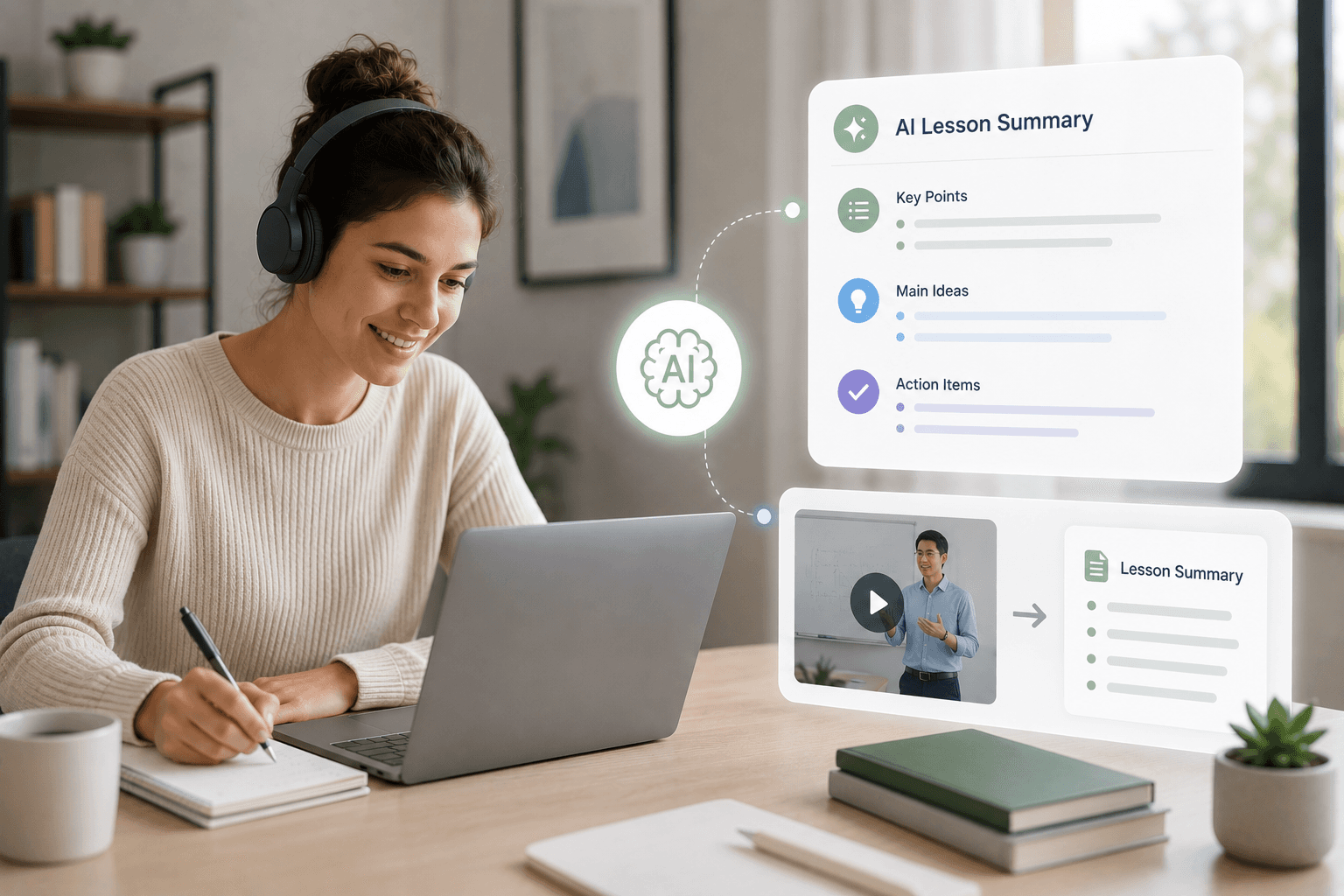 Student reviewing AI-generated lesson notes and summaries from an online tutoring session