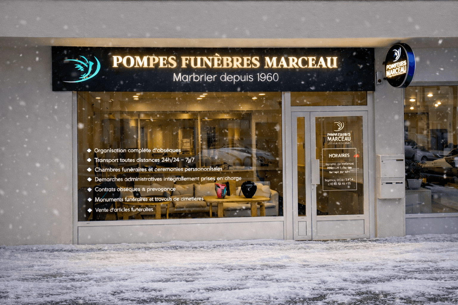Devanture d'agence de pompes funèbres