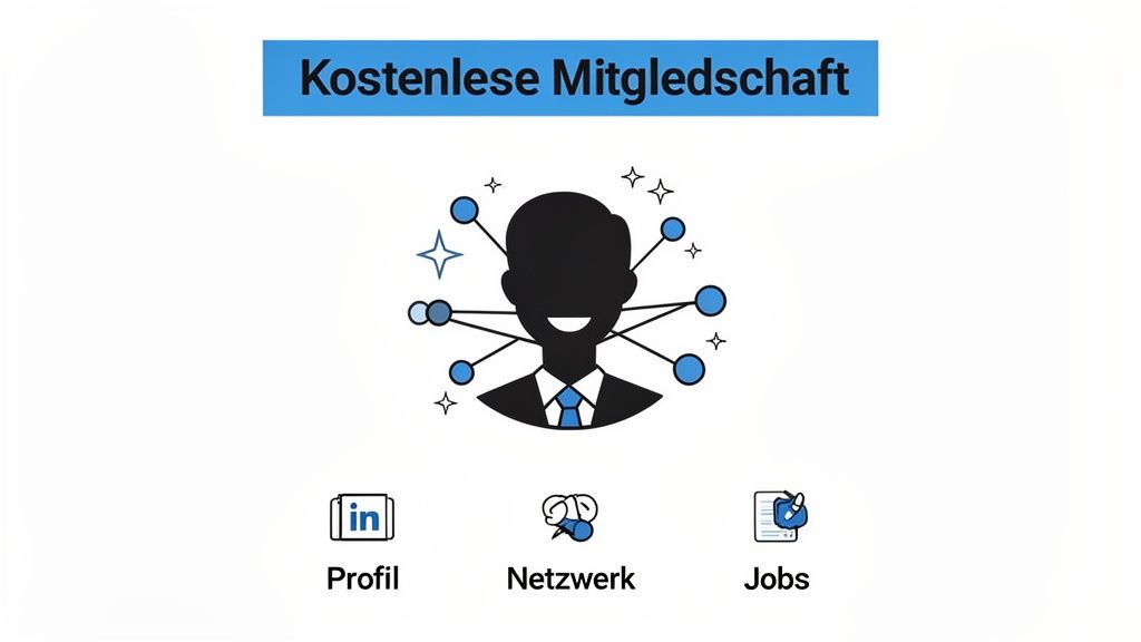 Das Bild zeigt die Vorteile einer kostenlosen Mitgliedschaft, inklusive Profil, Netzwerk und Jobs, dargestellt mit Icons und Text.