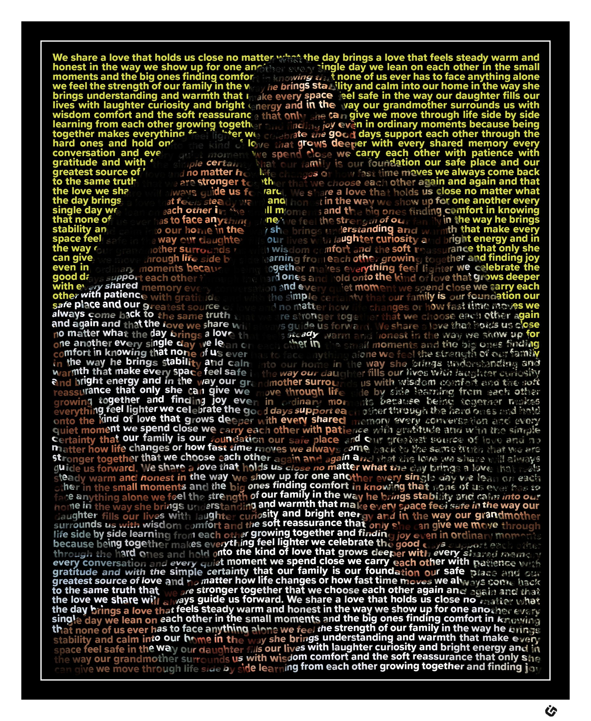 Custom text portrait of a man and his wife, little daughter, and grandmother, smiling together. Their silhouettes are formed entirely from repeated heartfelt text. The artwork features a thin white line, a sharp black border, and a white mat with a small black logo in the bottom-right corner.