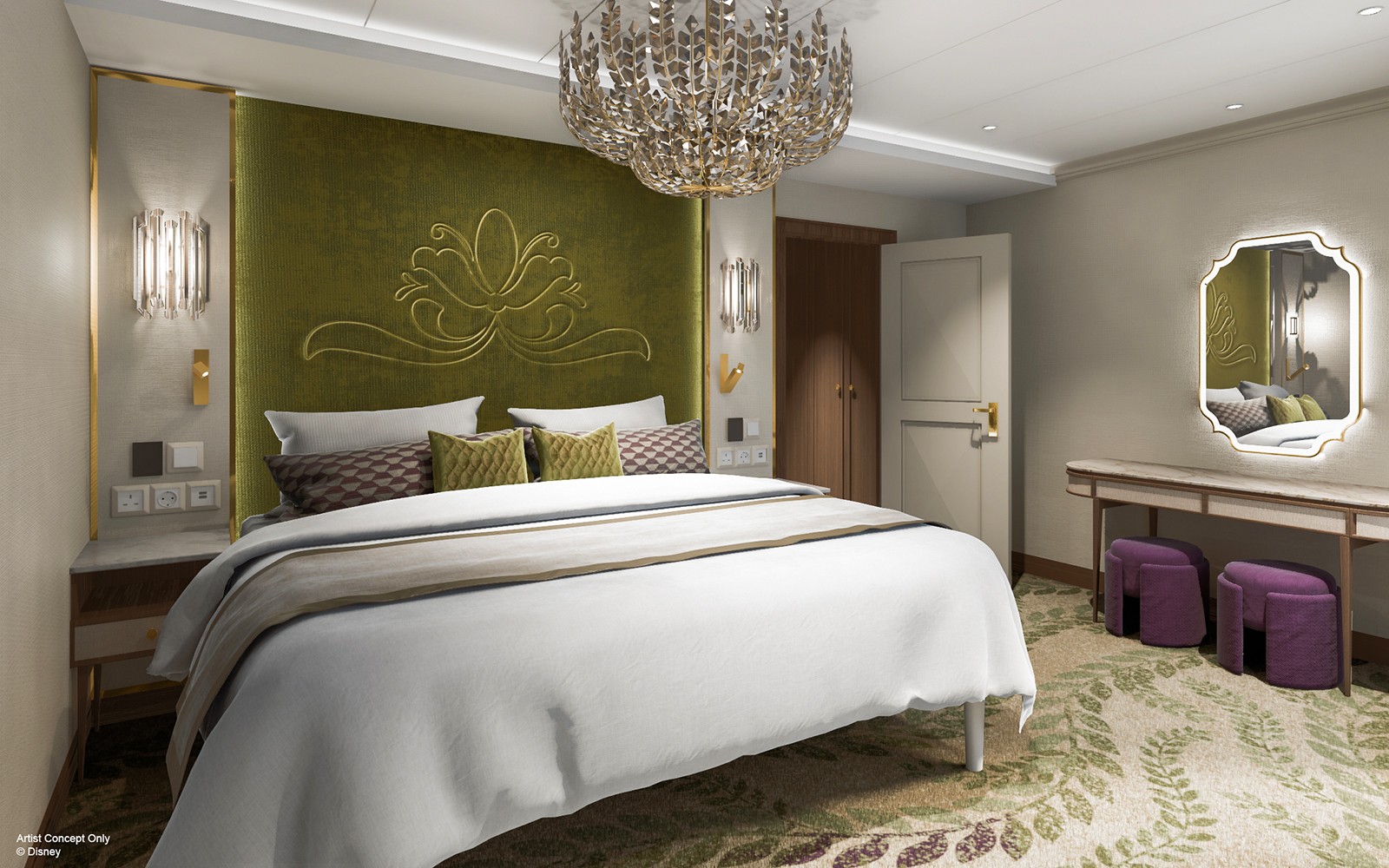 3晚迪士尼冒险游轮的礼宾套房内部装饰精美，并提供海景。