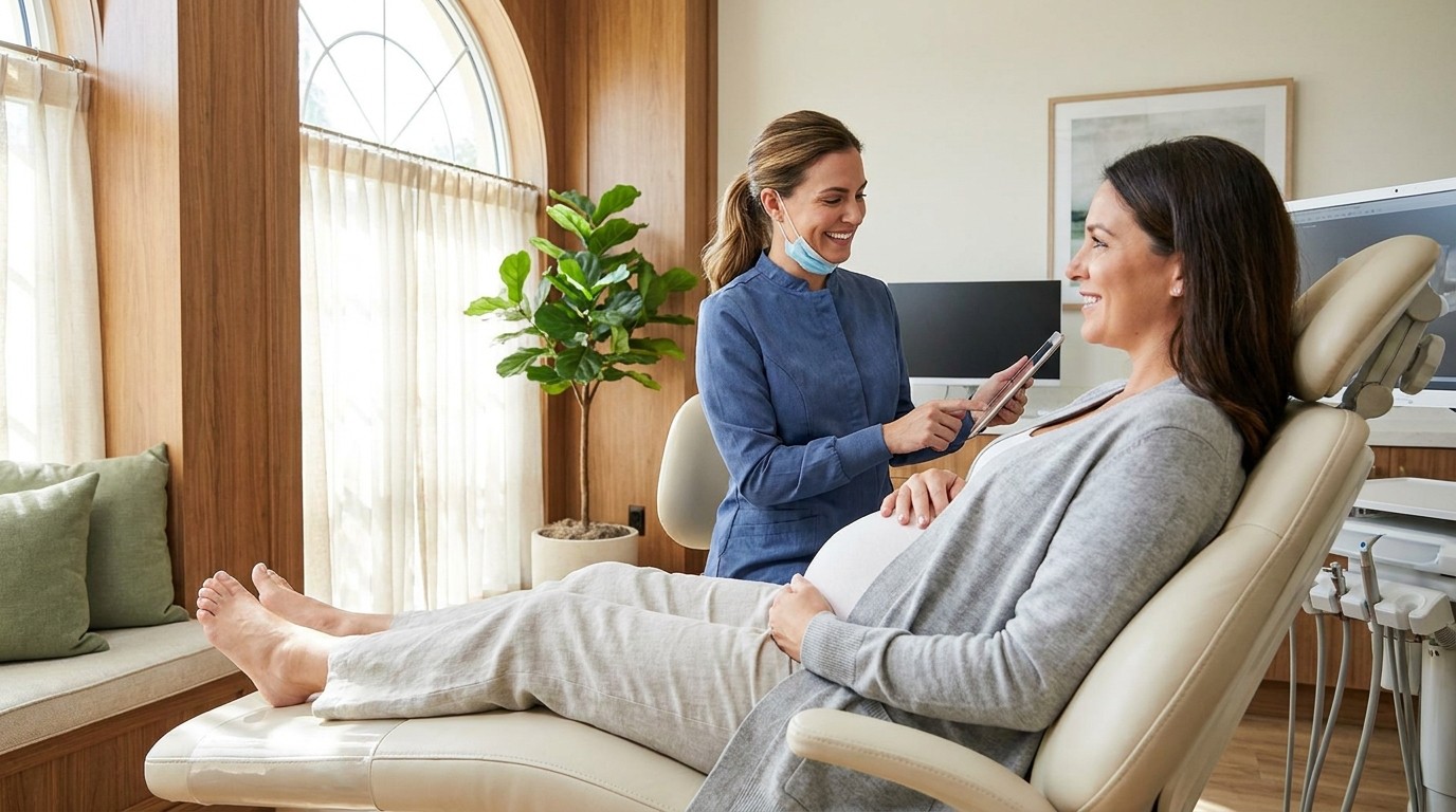 Pregnant patient having a gentle, reassuring dental consultation at a Palm Beach Gardens office
