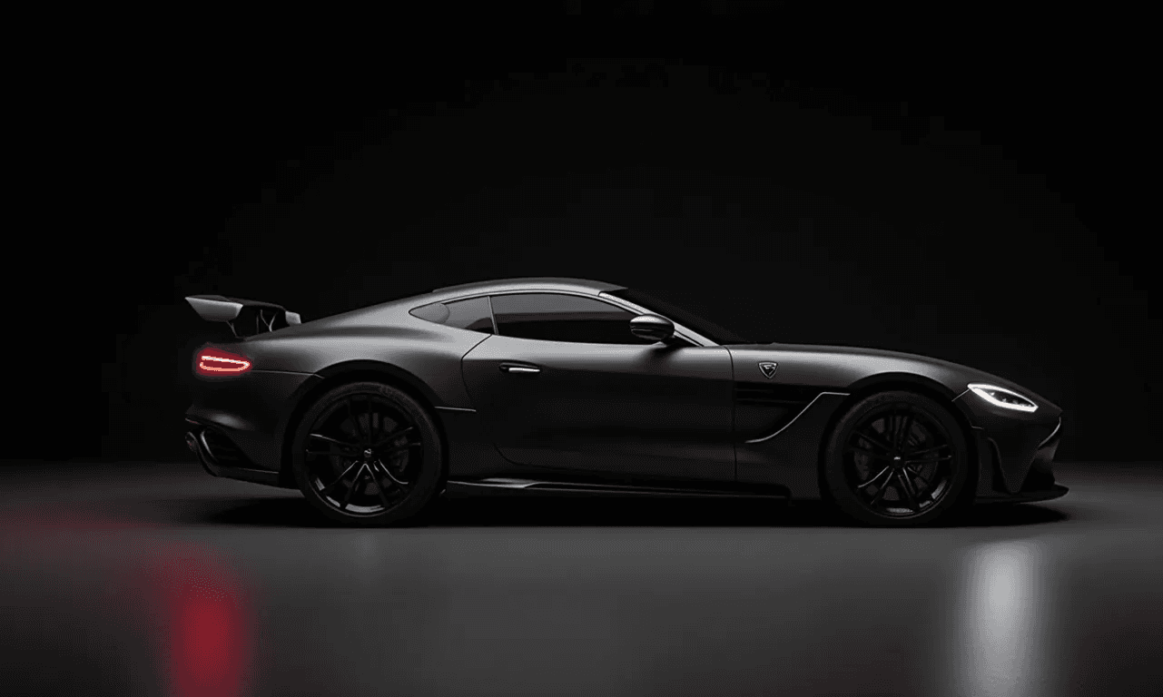 A sleek black sports car is shown in profile against a dark background, highlighting its aerodynamic design.