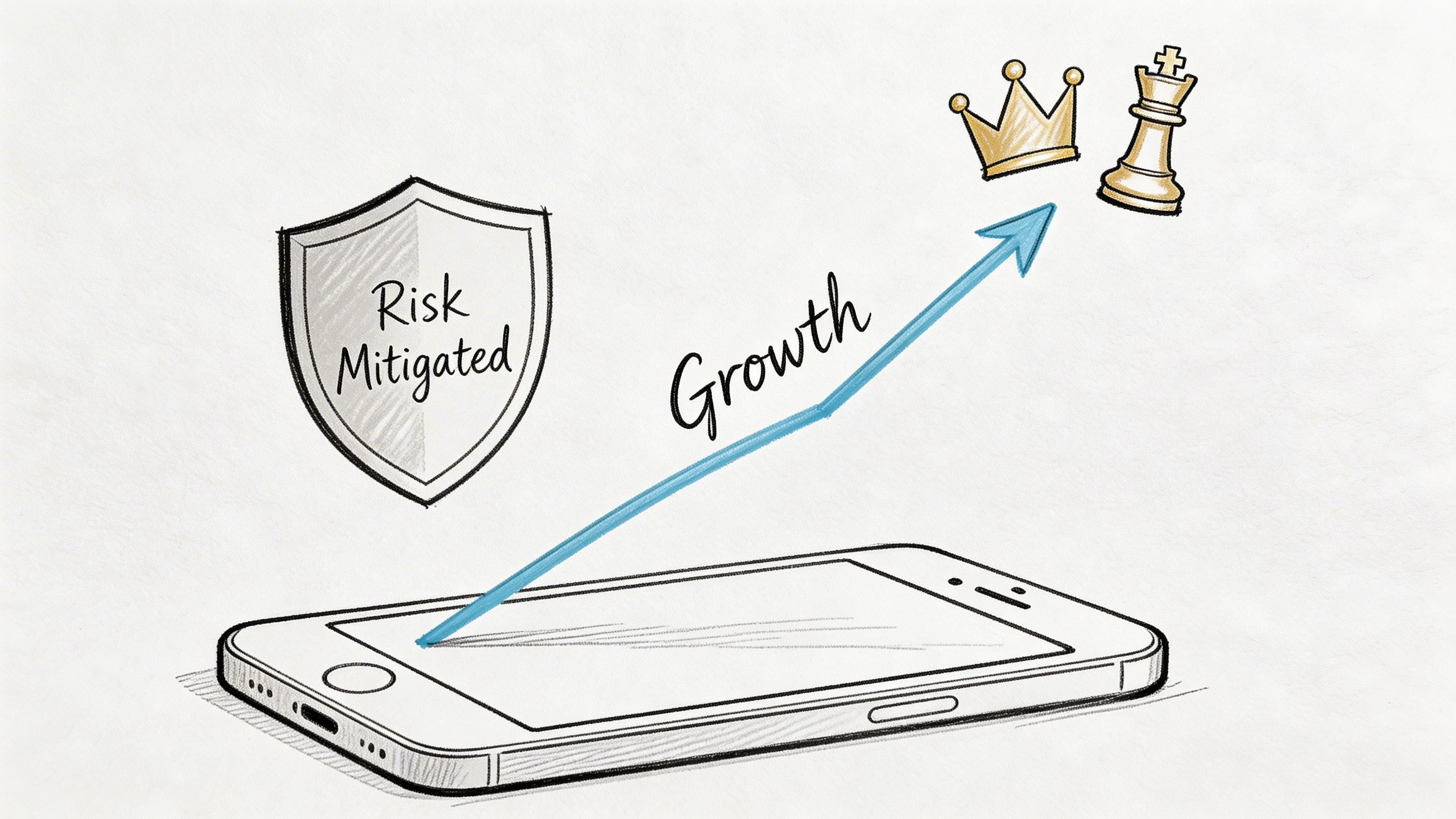 A conceptual illustration showing a smartphone with an upward growth arrow pointing toward a crown and chess piece.
