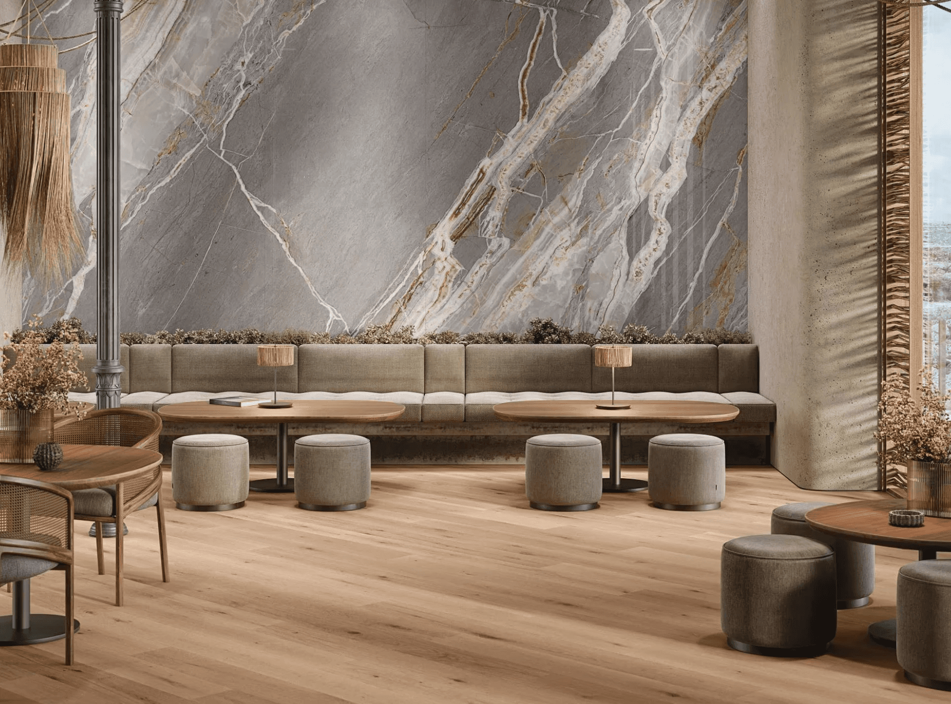 Abstract painting of arched layers in warm shades of orange, red, and yellow with a green center.