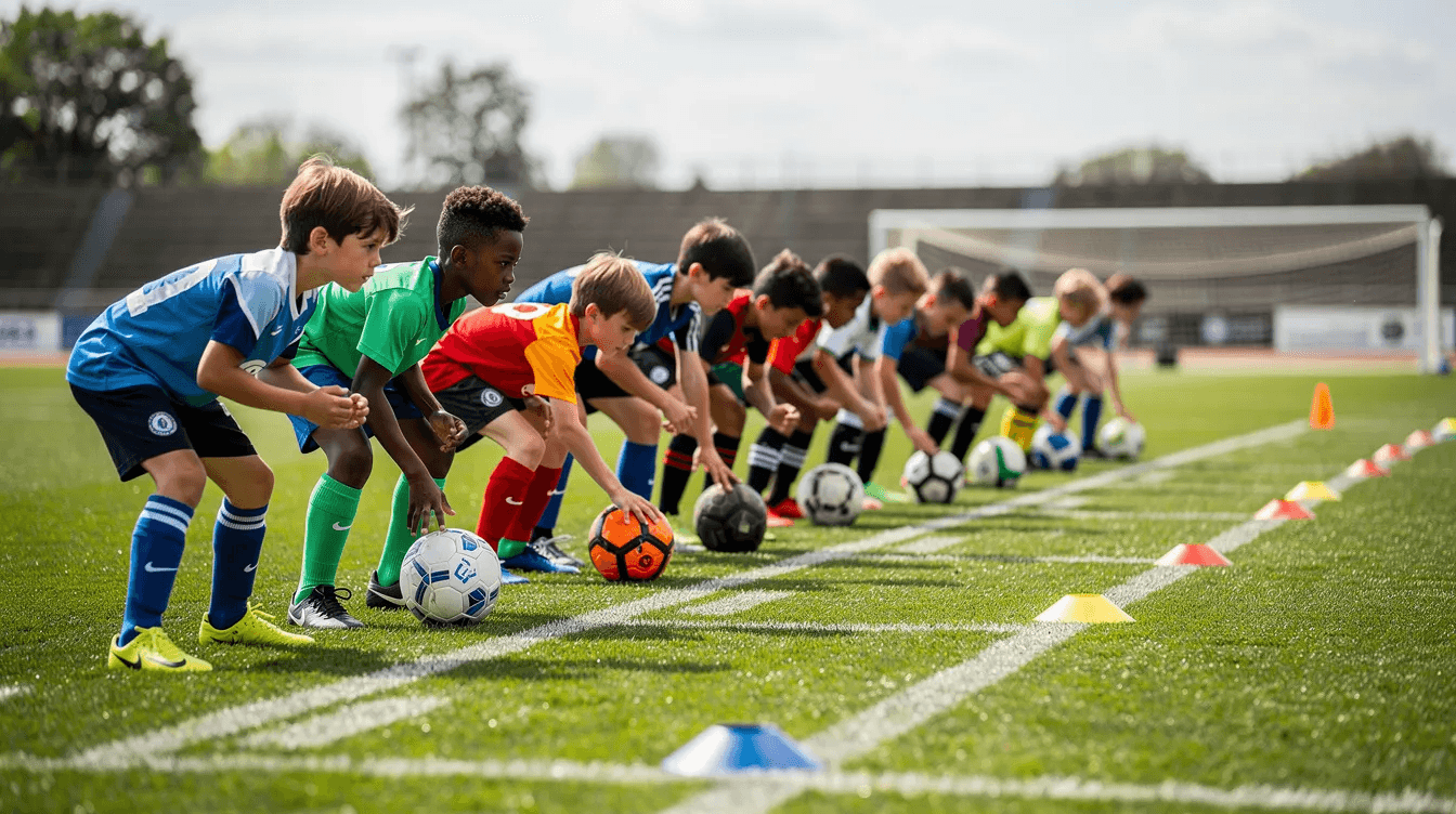 A group of young football players are lined up on a grass pitch, preparing for a relay race while dribbling balls. The training session emphasizes teamwork and technical skills as each player eagerly awaits their turn to race towards the next teammate.
