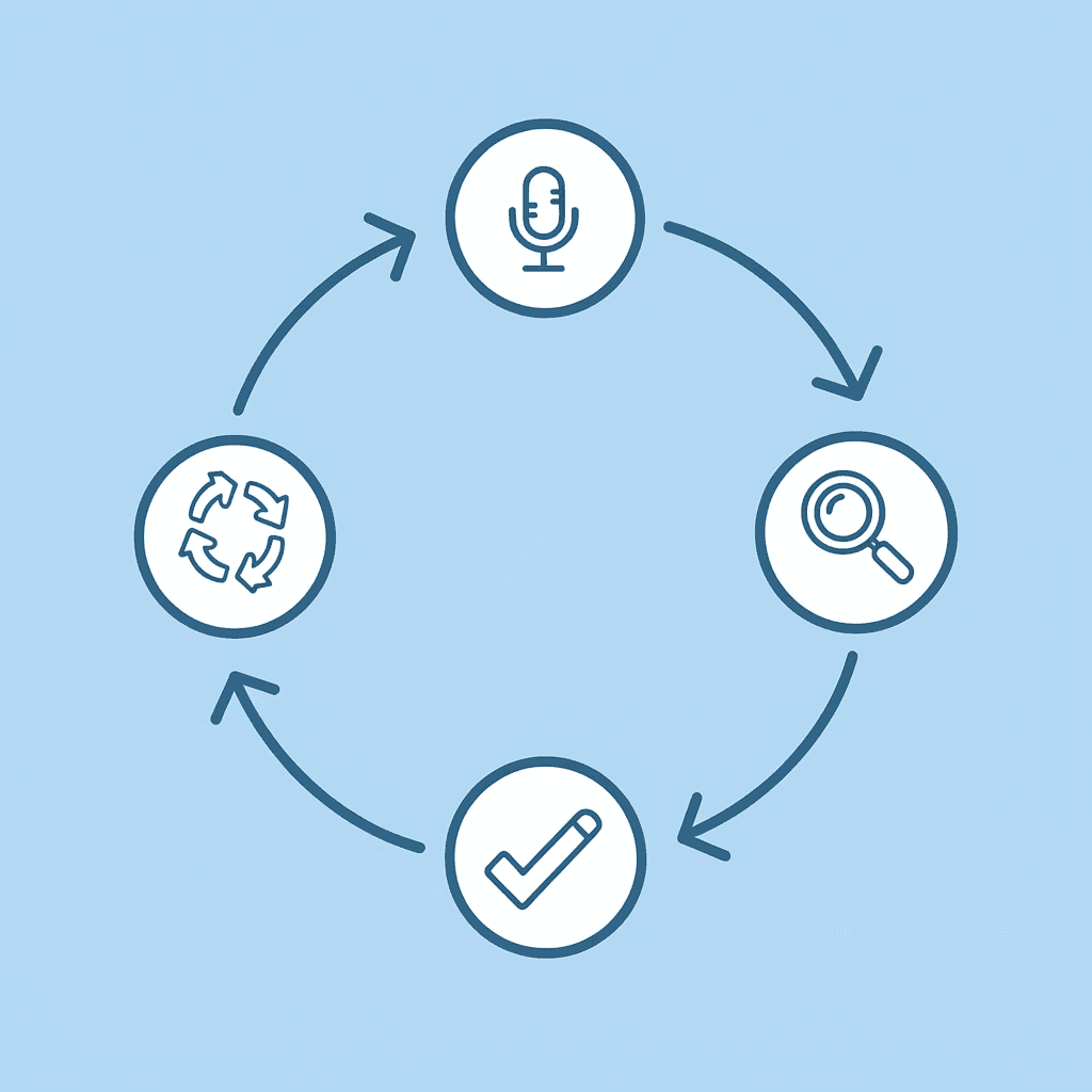 Circular workflow showing writing, editing, and audio regeneration cycle